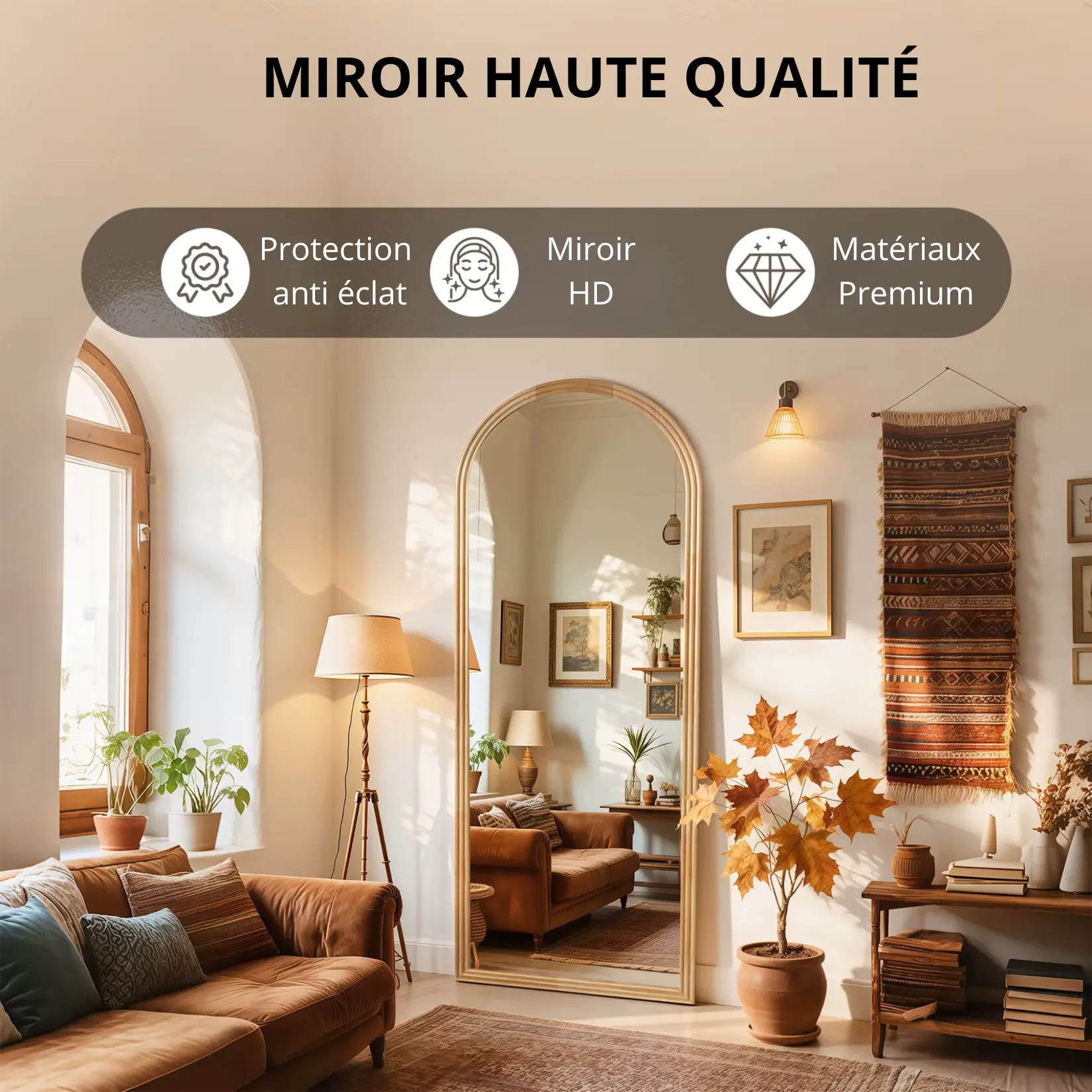 Grand miroir à poser au sol avec verre HD et protection anti-éclat.