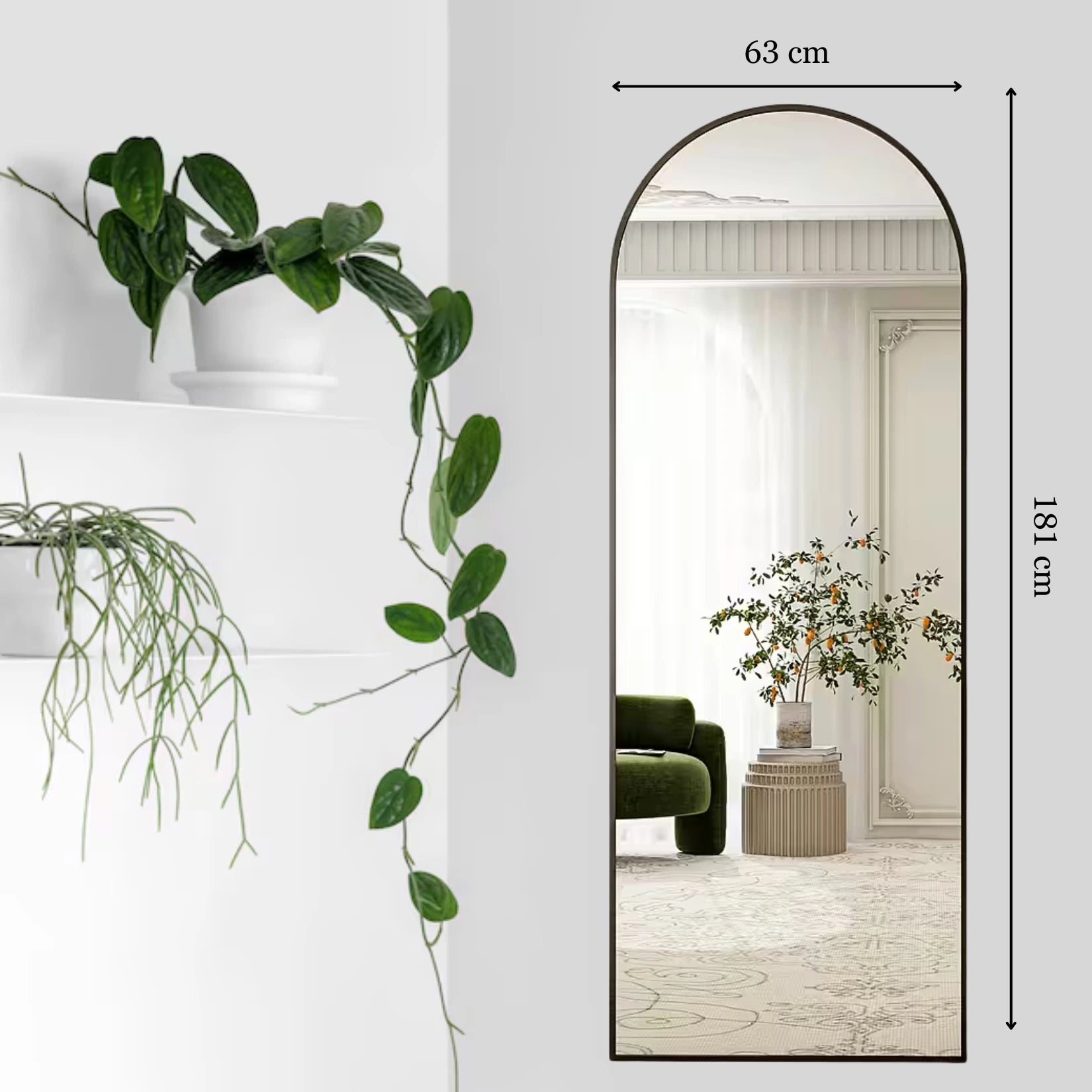 Dimensions détaillées du Grand Miroir Arrondi noir 63x181 cm, parfait pour un usage décoratif et fonctionnel.