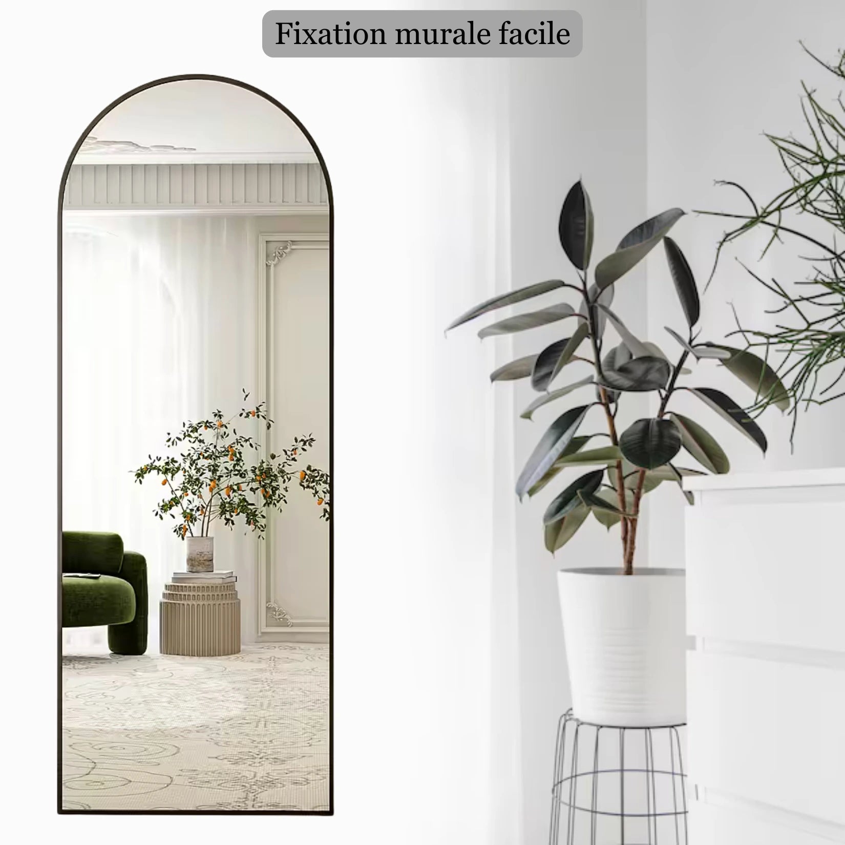 Grand Miroir Arrondi noir avec fixation murale facile, une solution élégante pour agrandir et sublimer un espace.