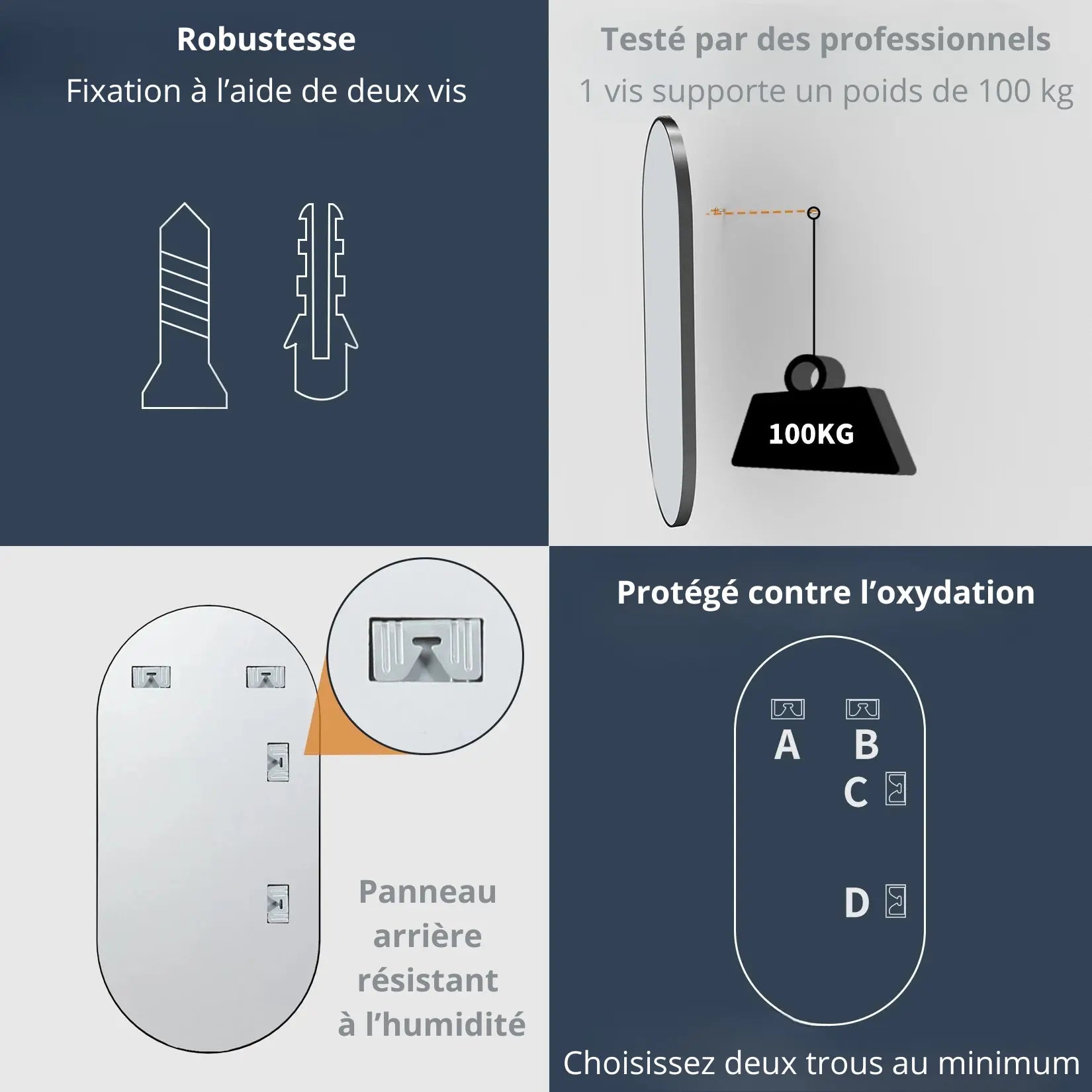 Fixations du grand miroir mural testées jusqu’à 100 kg pour une installation sécurisée.