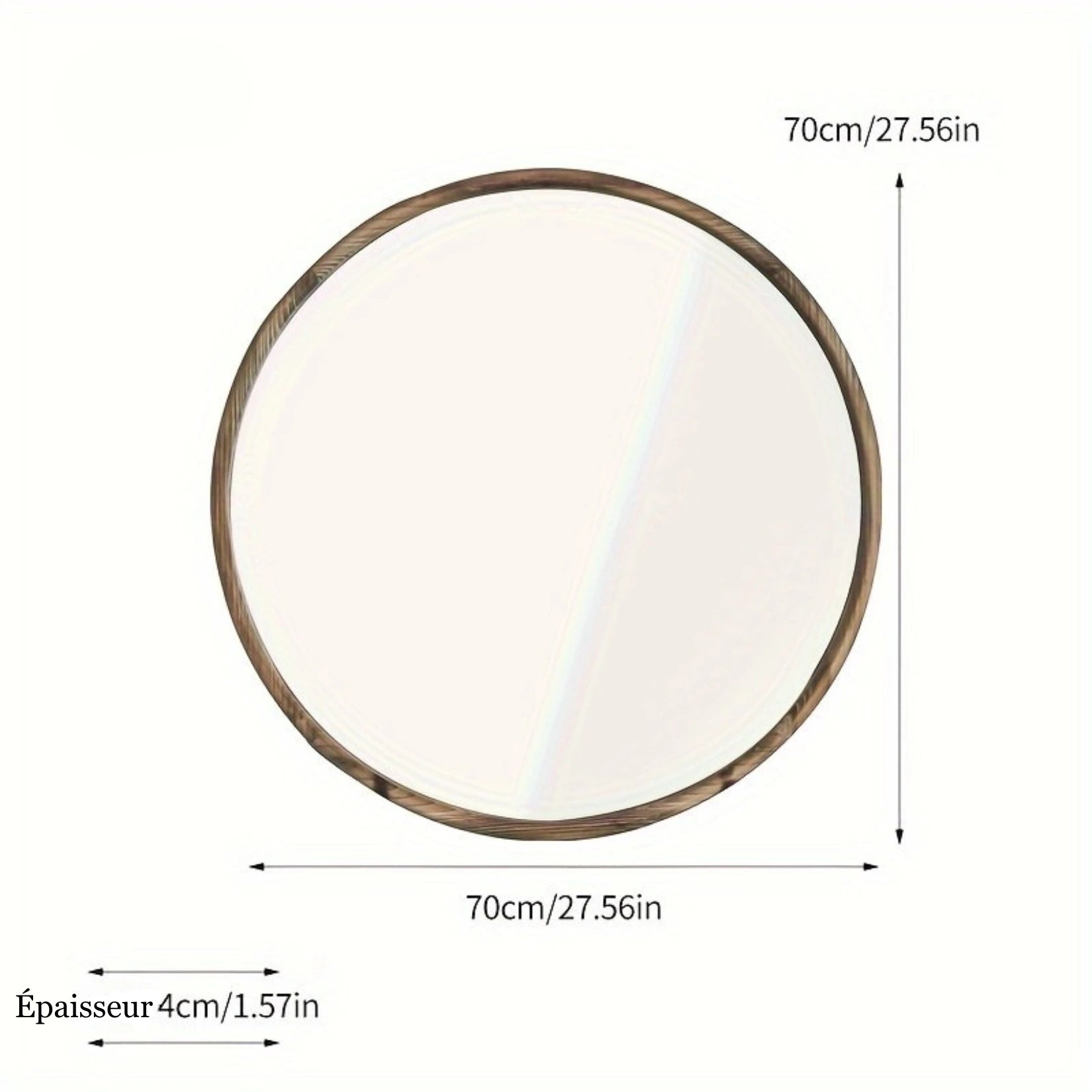 Grand miroir rond bois de 70 cm avec épaisseur visible.
