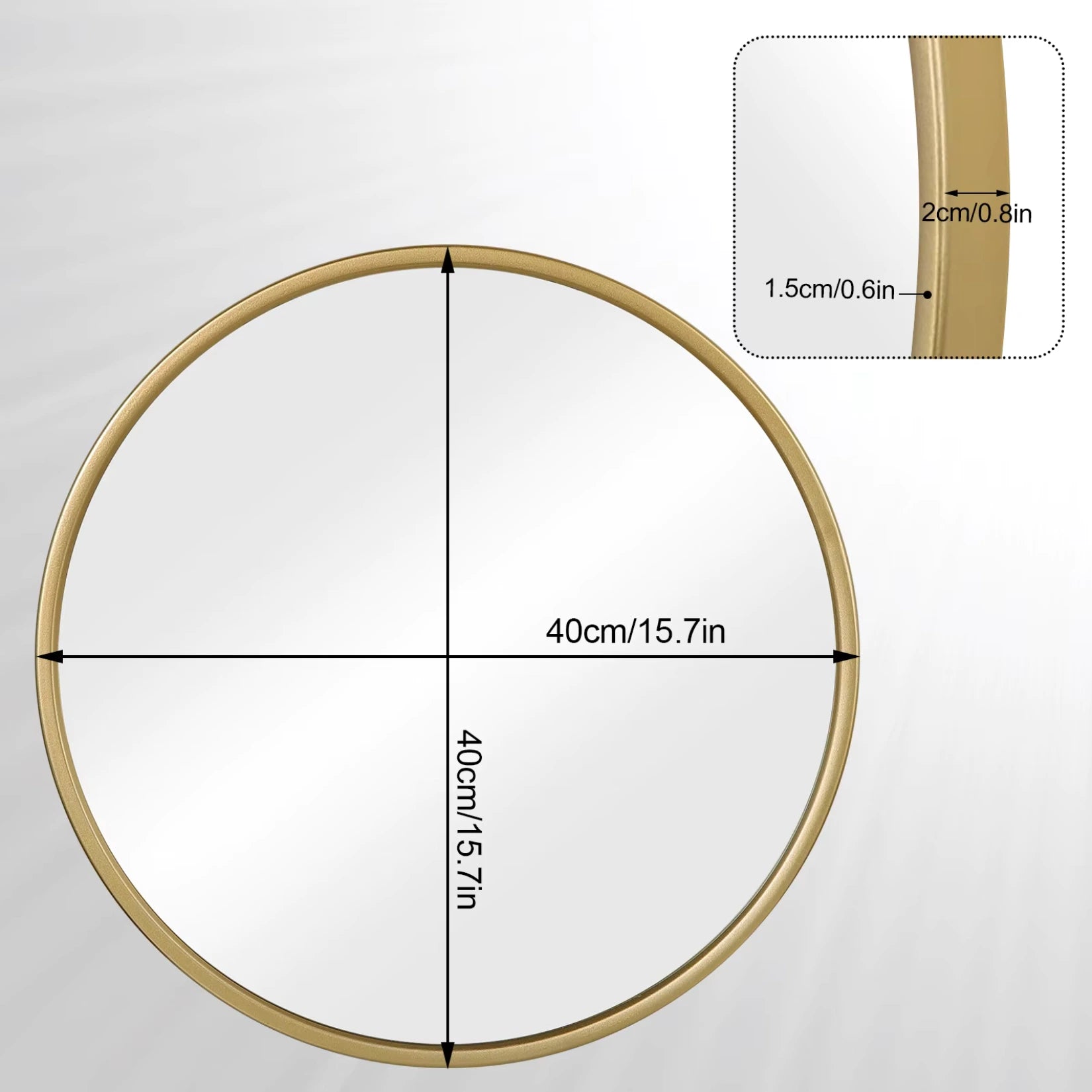 Dimensions du Grand Miroir Rond Doré présentées pour la version 40 cm de diamètre.
