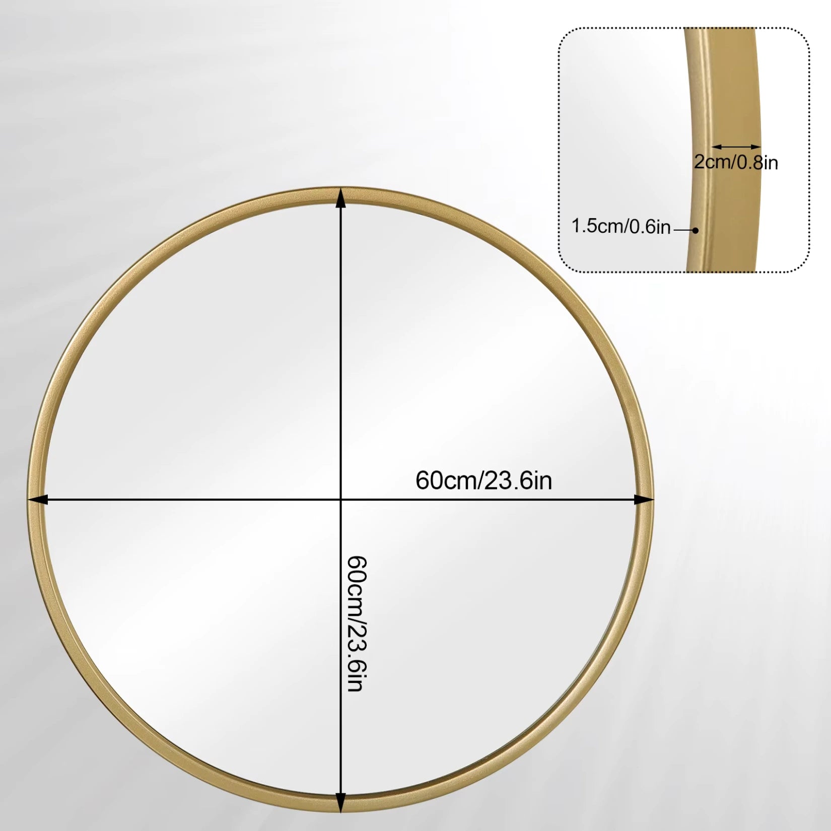 Dimensions complètes du Grand Miroir Rond Doré pour la version 60 cm de diamètre.