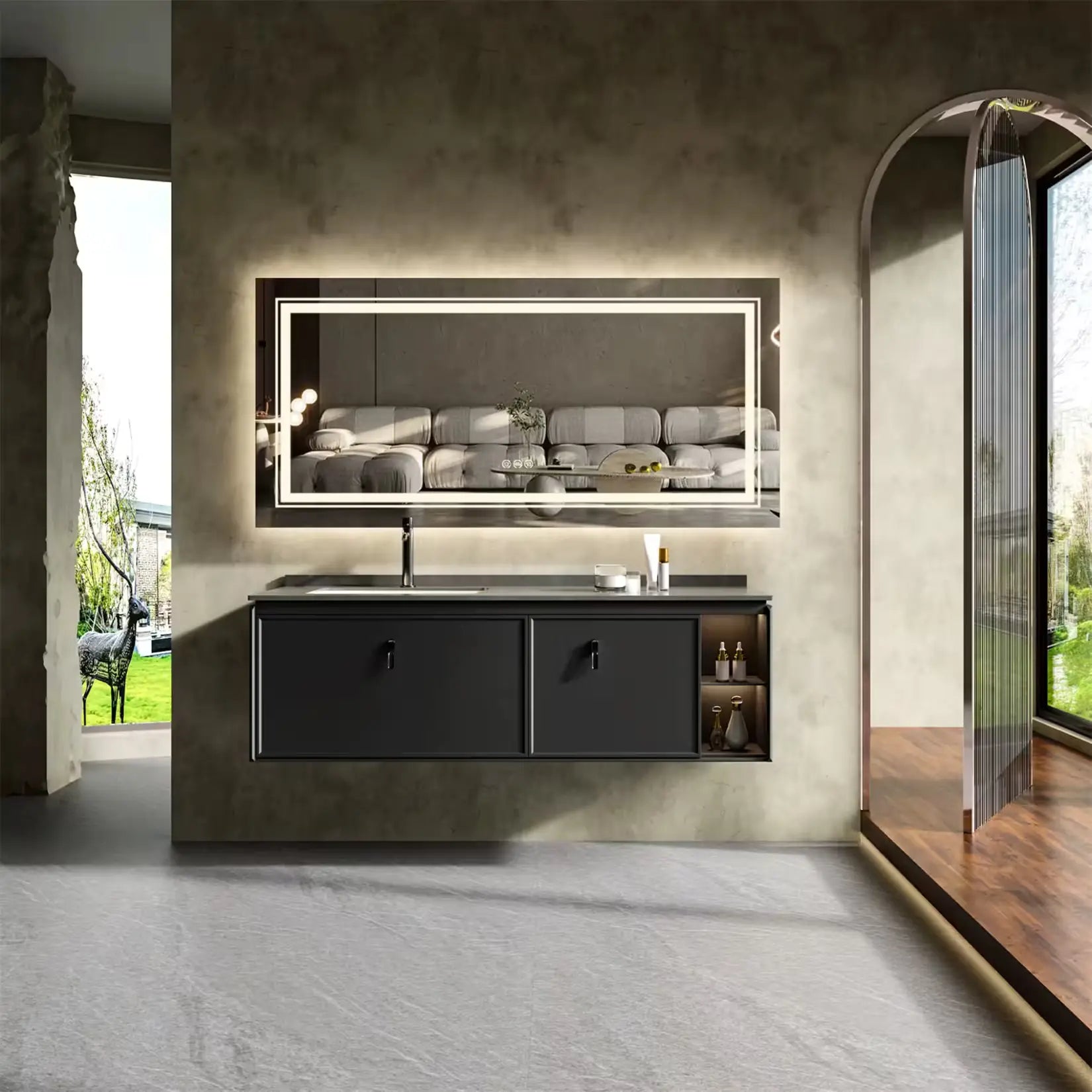 Grand miroir salle de bain LED dans salle de bain design moderne.