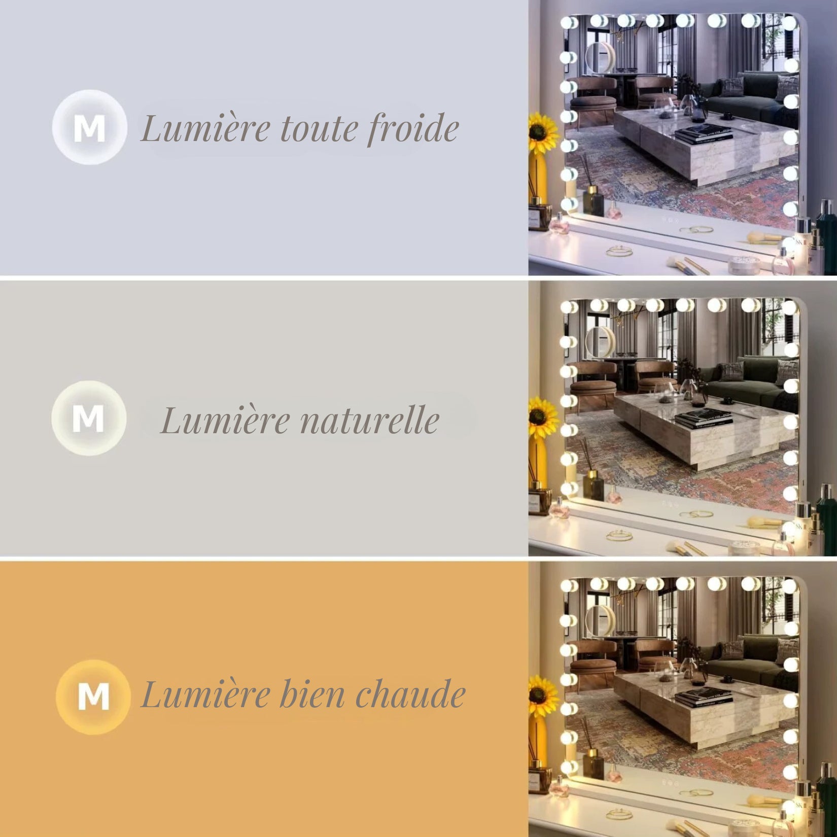 Hollywood Miroir avec intensité lumineuse réglable et trois températures de couleur : froide, naturelle et chaude.