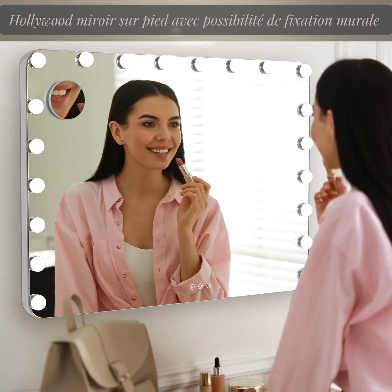 Hollywood Miroir sur pied avec possibilité de fixation murale, parfait pour une coiffeuse élégante.