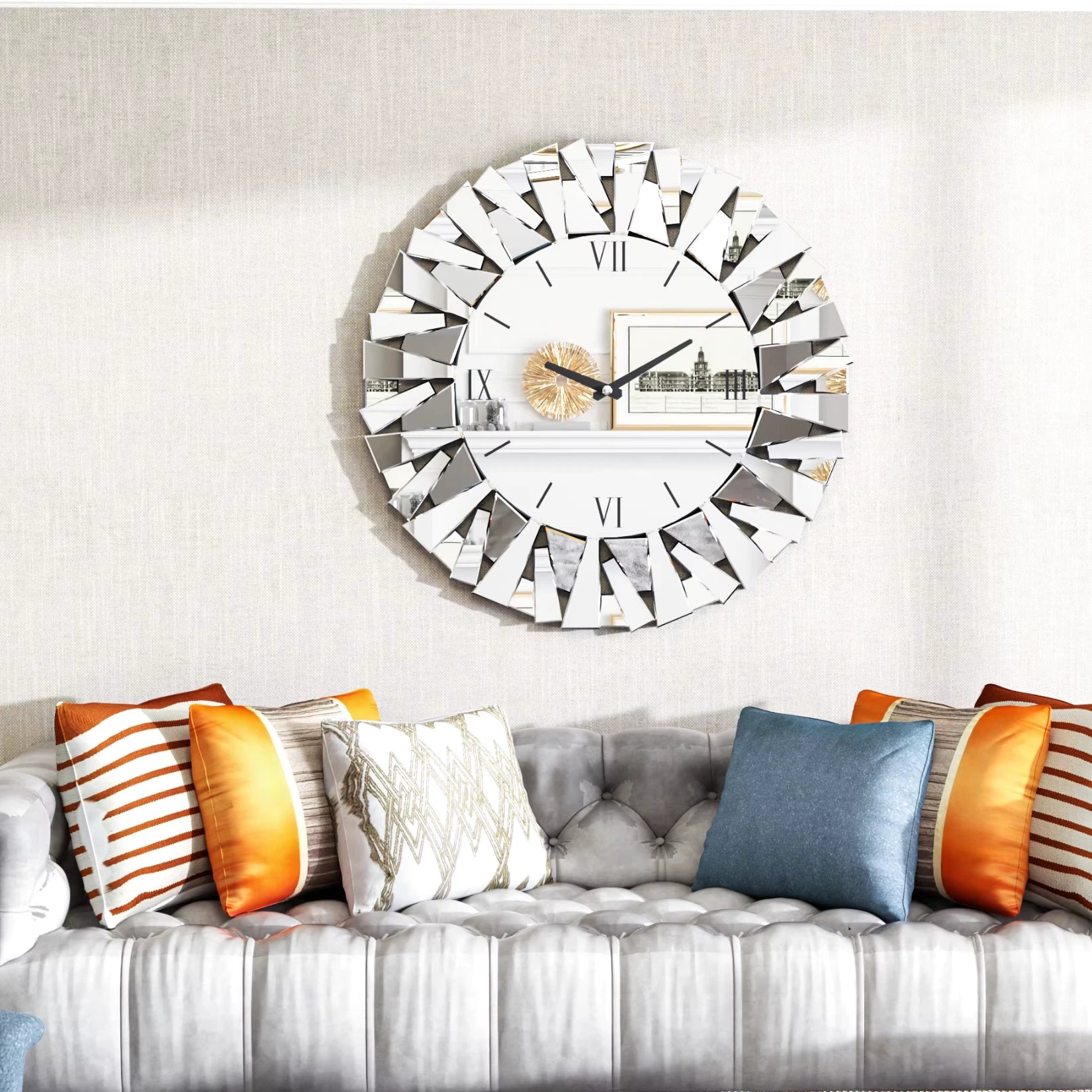 Horloge murale avec miroir apportant une touche moderne à la décoration.