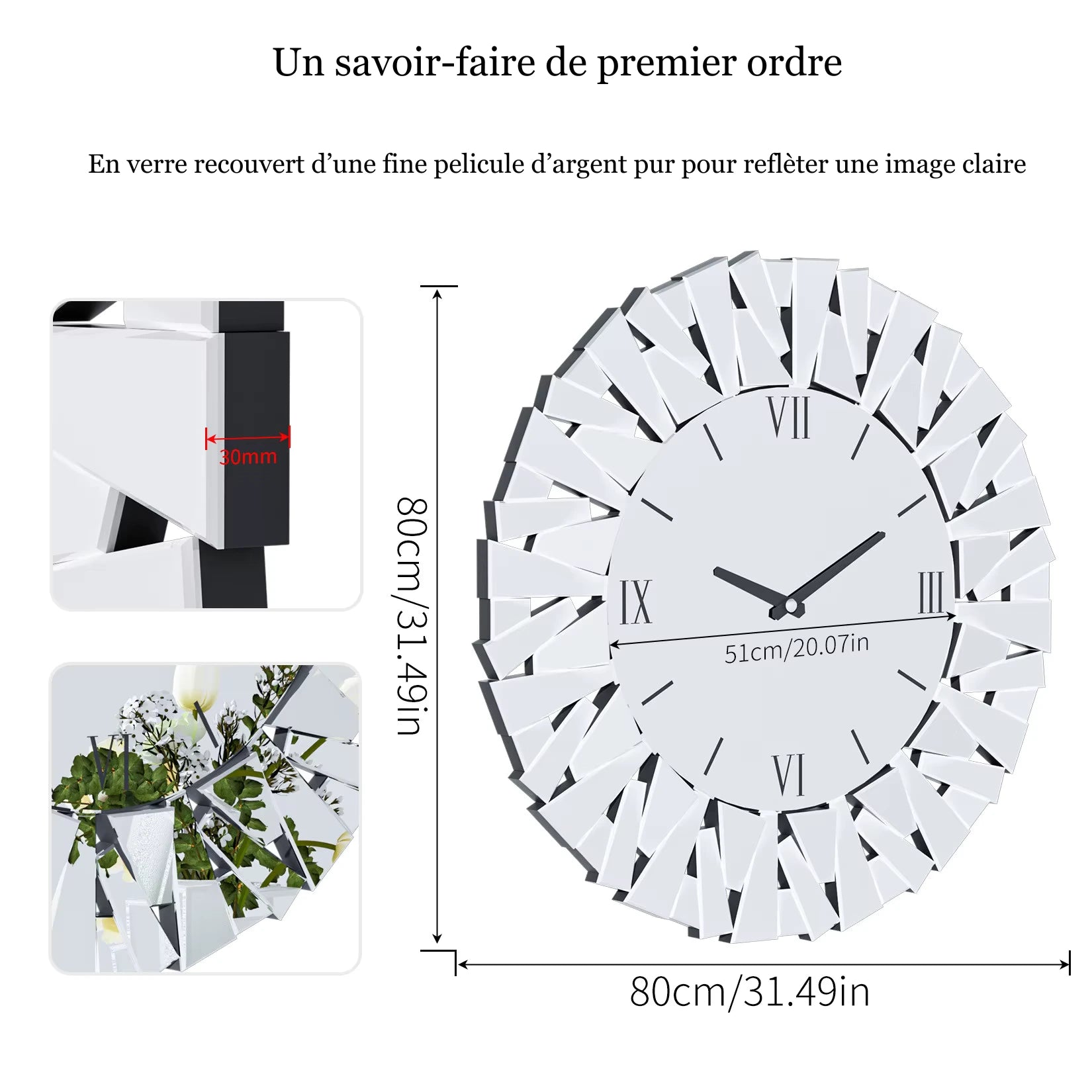 Détails et dimensions de l’horloge murale avec miroir.