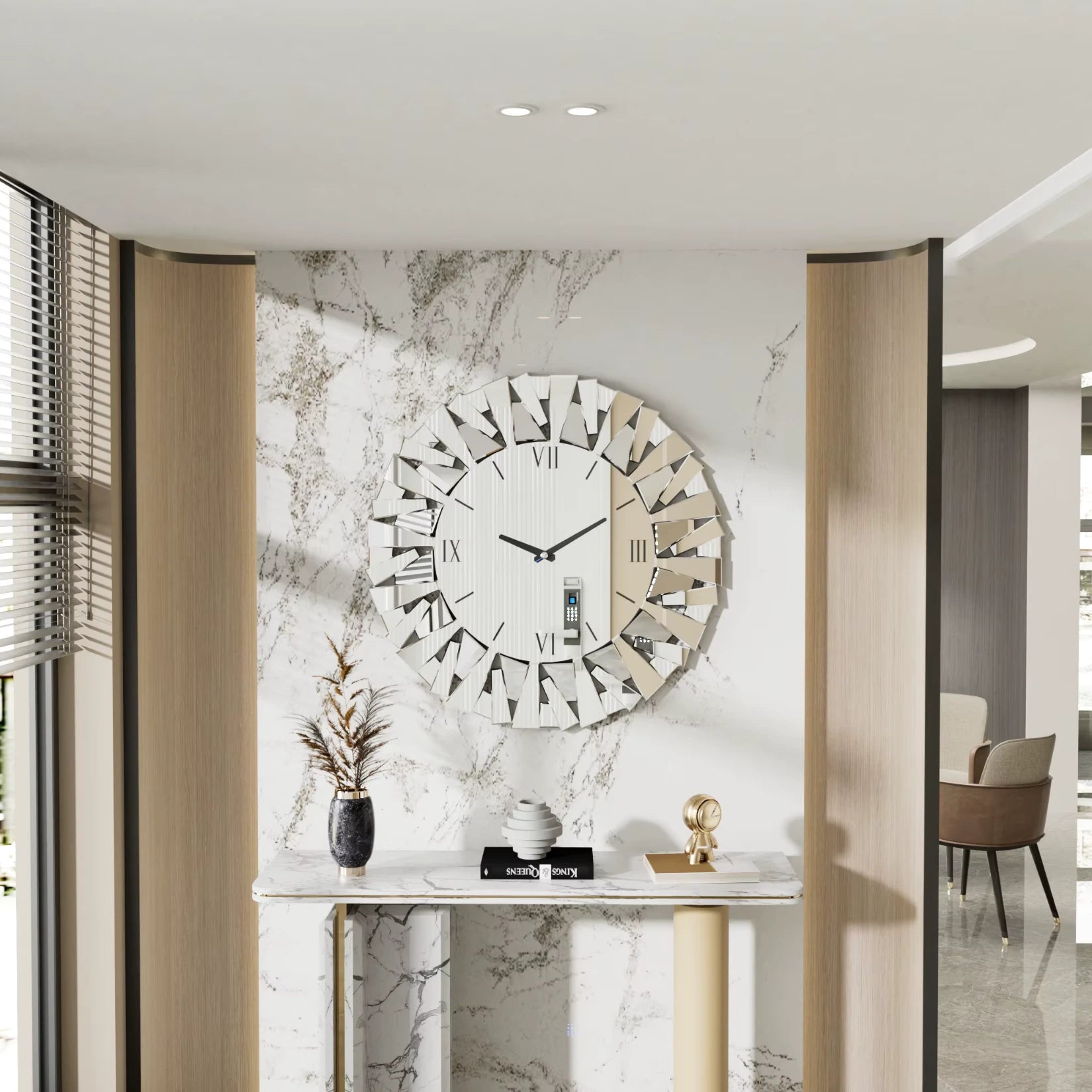 Horloge murale avec miroir installée dans un hall d’entrée raffiné.