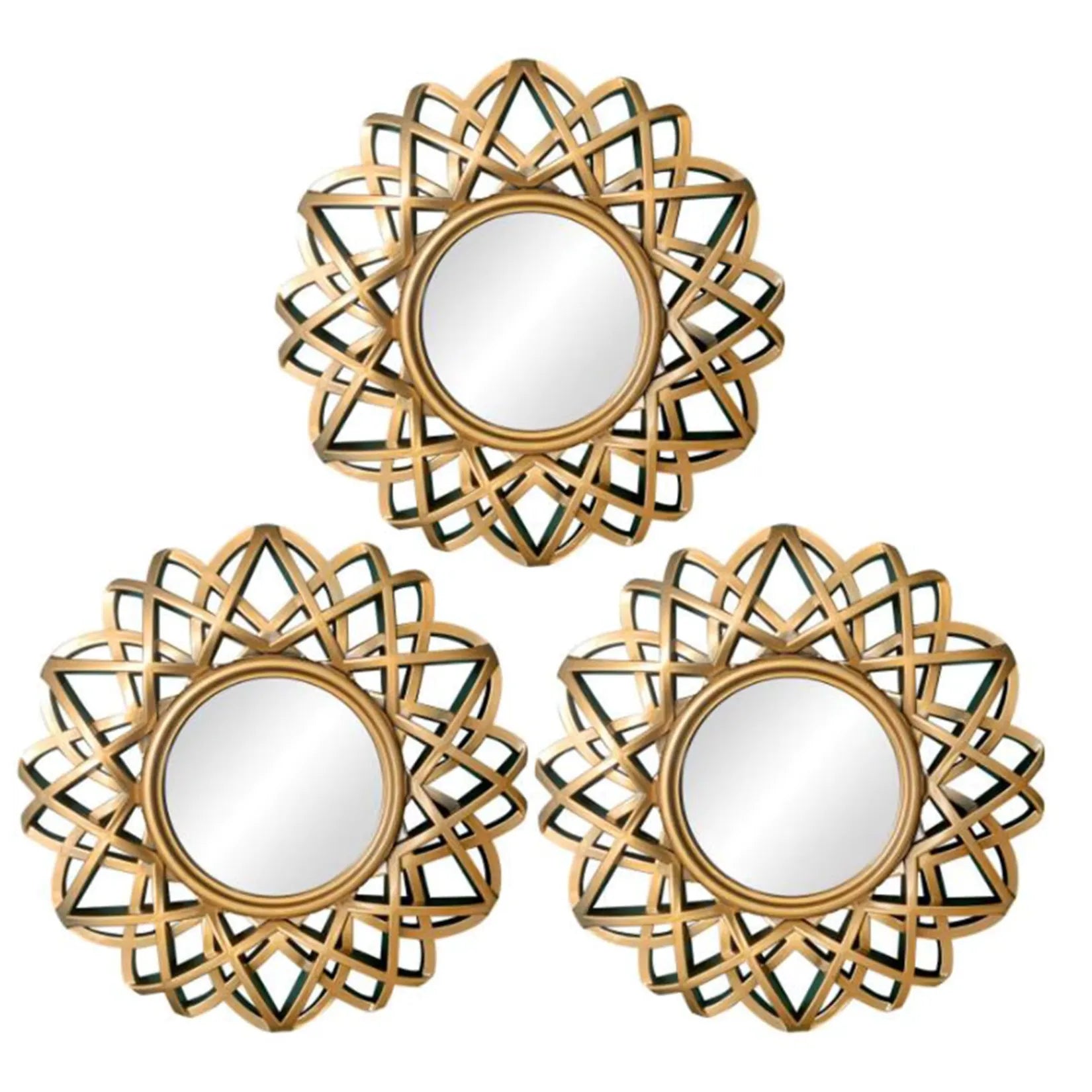 Présentation de trois miroirs ronds design dorés identiques vus de face.