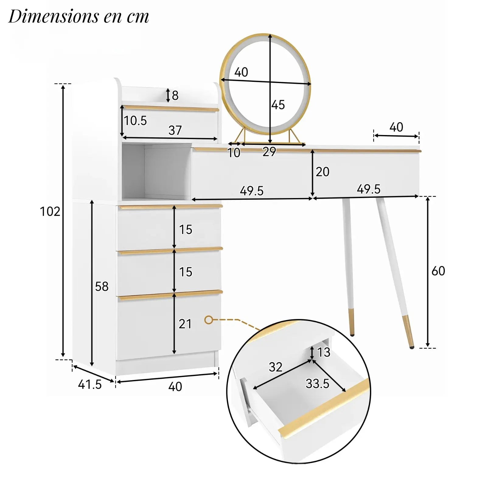 Dimensions complètes du meuble coiffeuse avec miroir pour chambre.