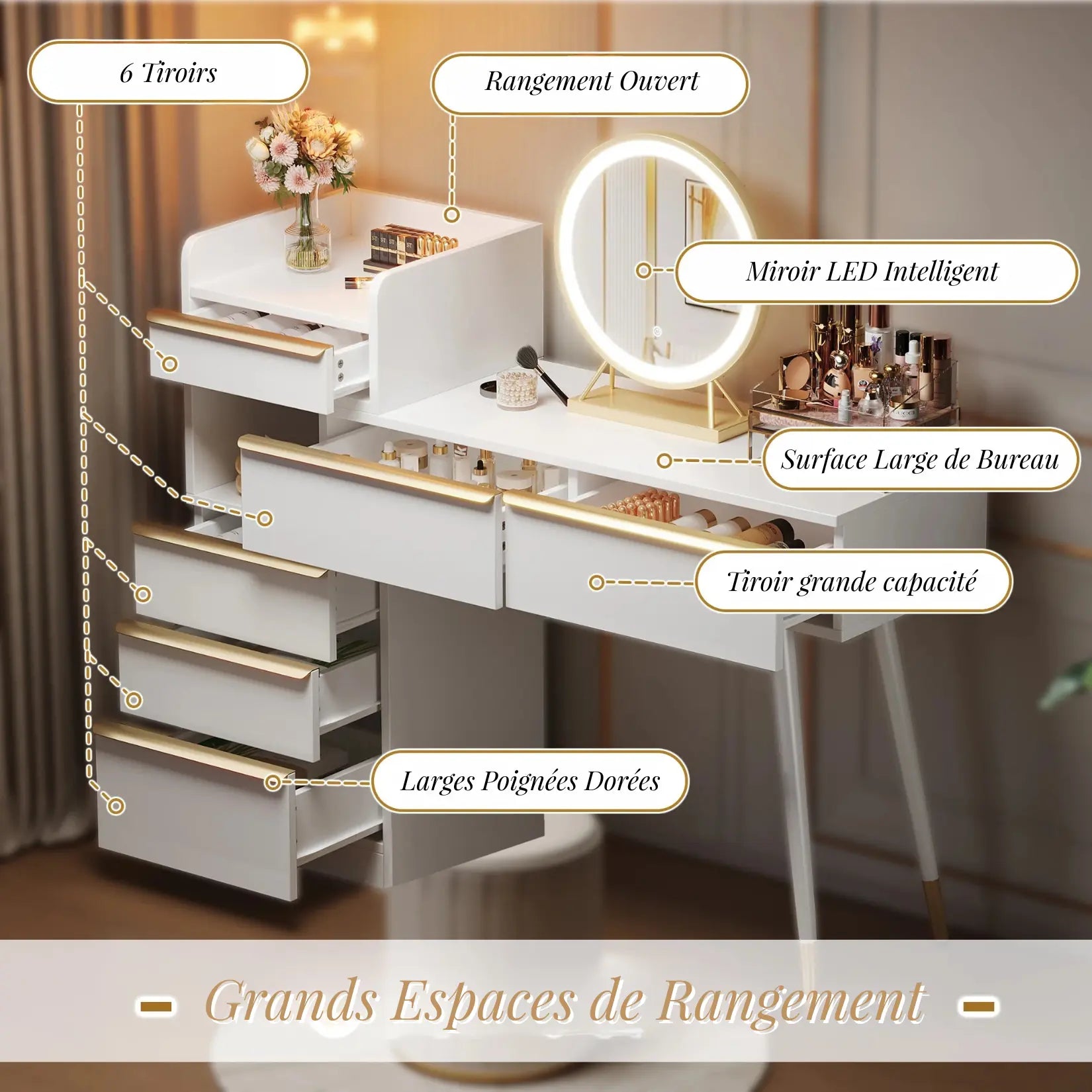 Meuble coiffeuse avec miroir et nombreux tiroirs pour un rangement efficace.