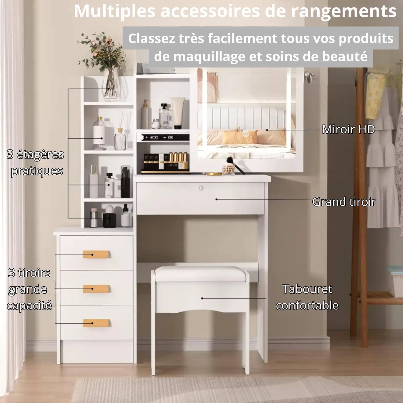 Meuble miroir coiffeuse blanche avec multiples rangements, tiroirs, étagères et miroir LED HD.
