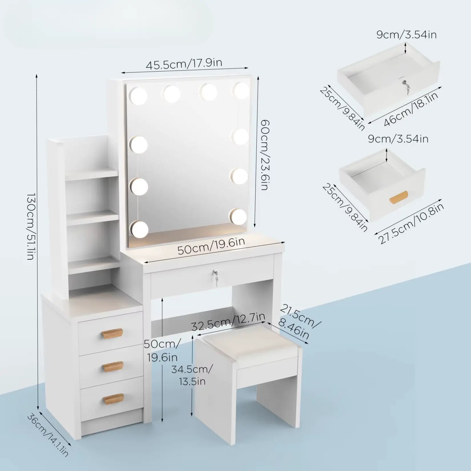 Schéma détaillé des dimensions du meuble miroir coiffeuse avec mesures en cm et inches pour une installation précise.