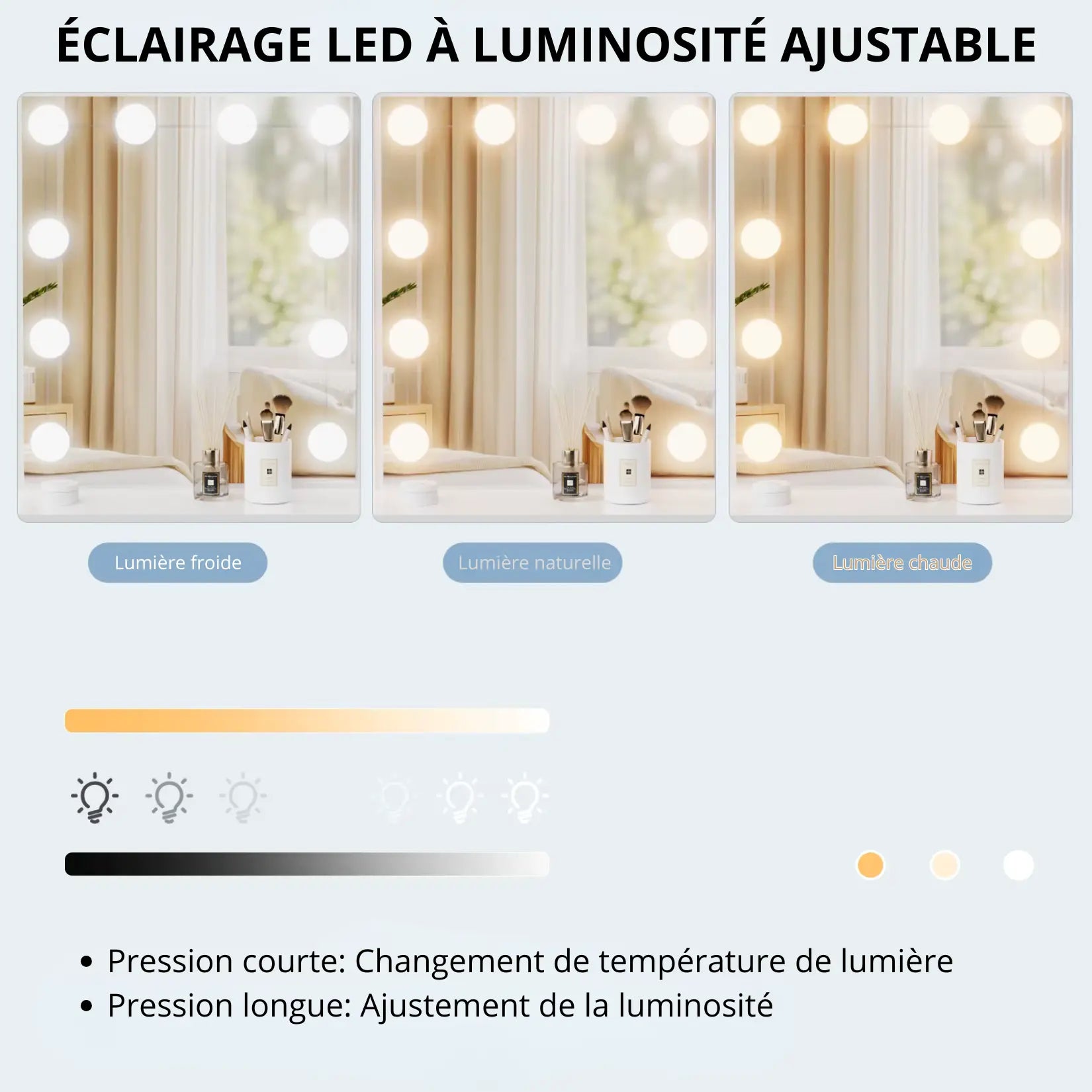 Illustration de l'éclairage LED ajustable du meuble miroir en trois modes : lumière froide, naturelle et chaude.