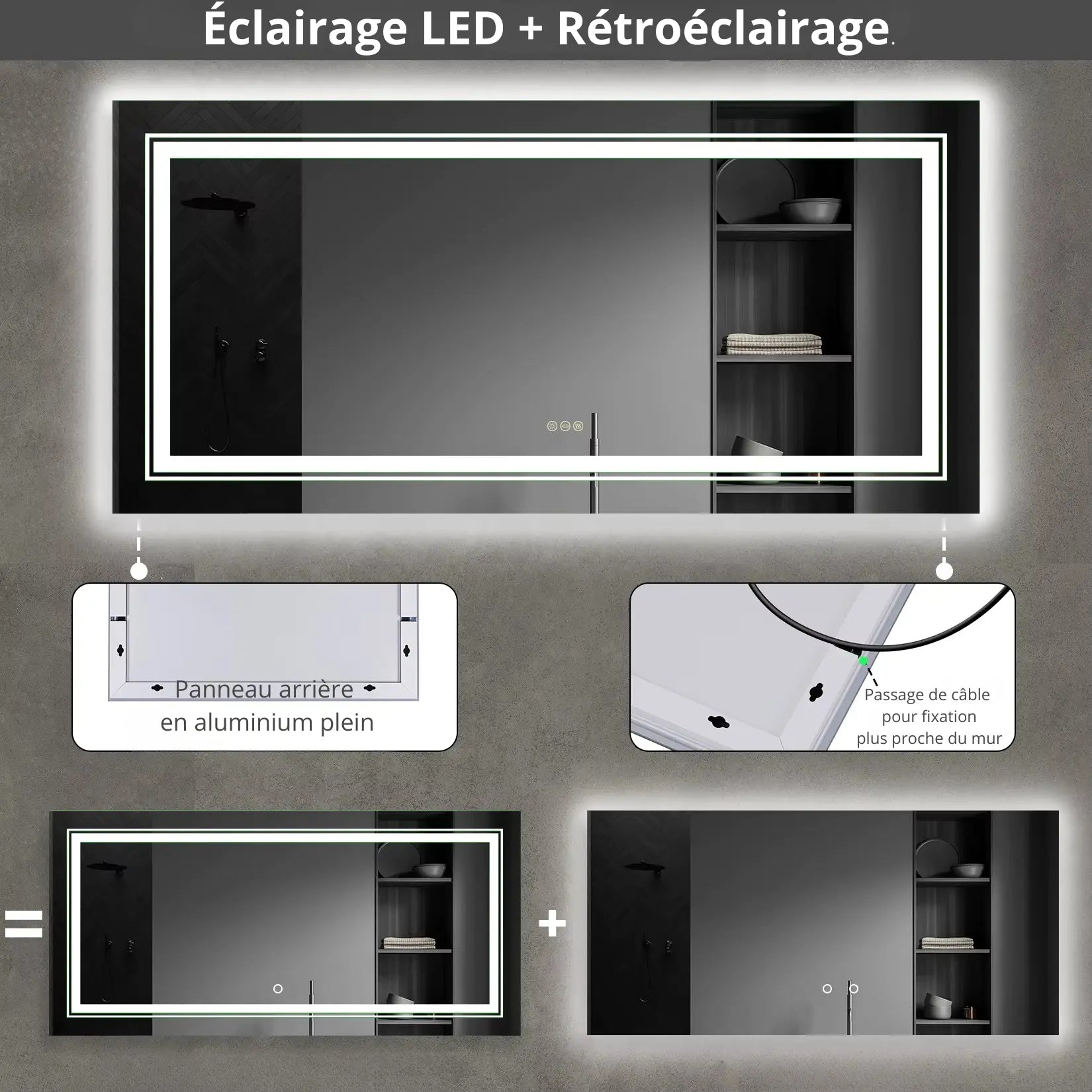 Miroir 120x60 double éclairage LED et rétroéclairage avec panneau arrière aluminium et passage câble.