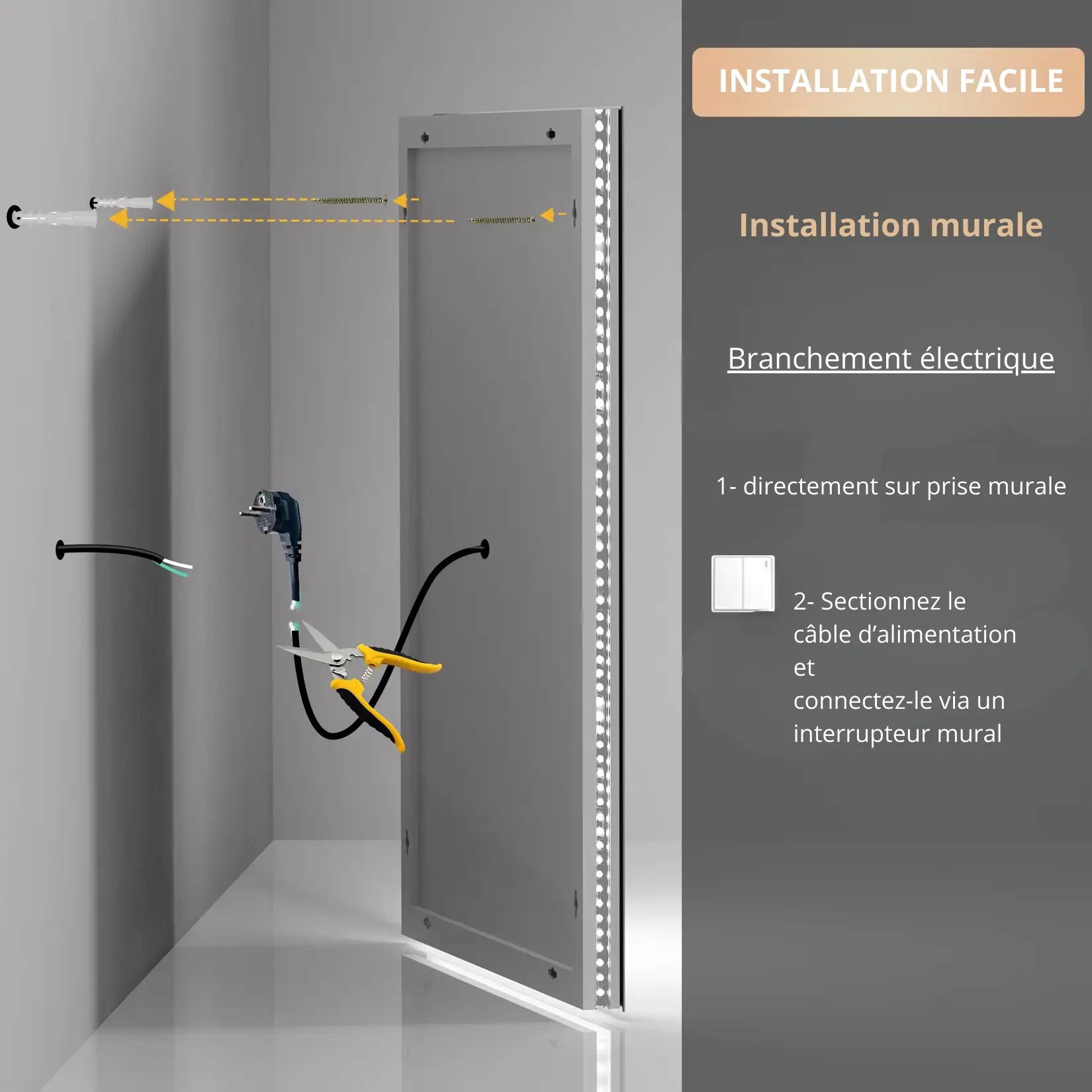 Miroir 120x60 installation facile murale avec branchement électrique et fixations.