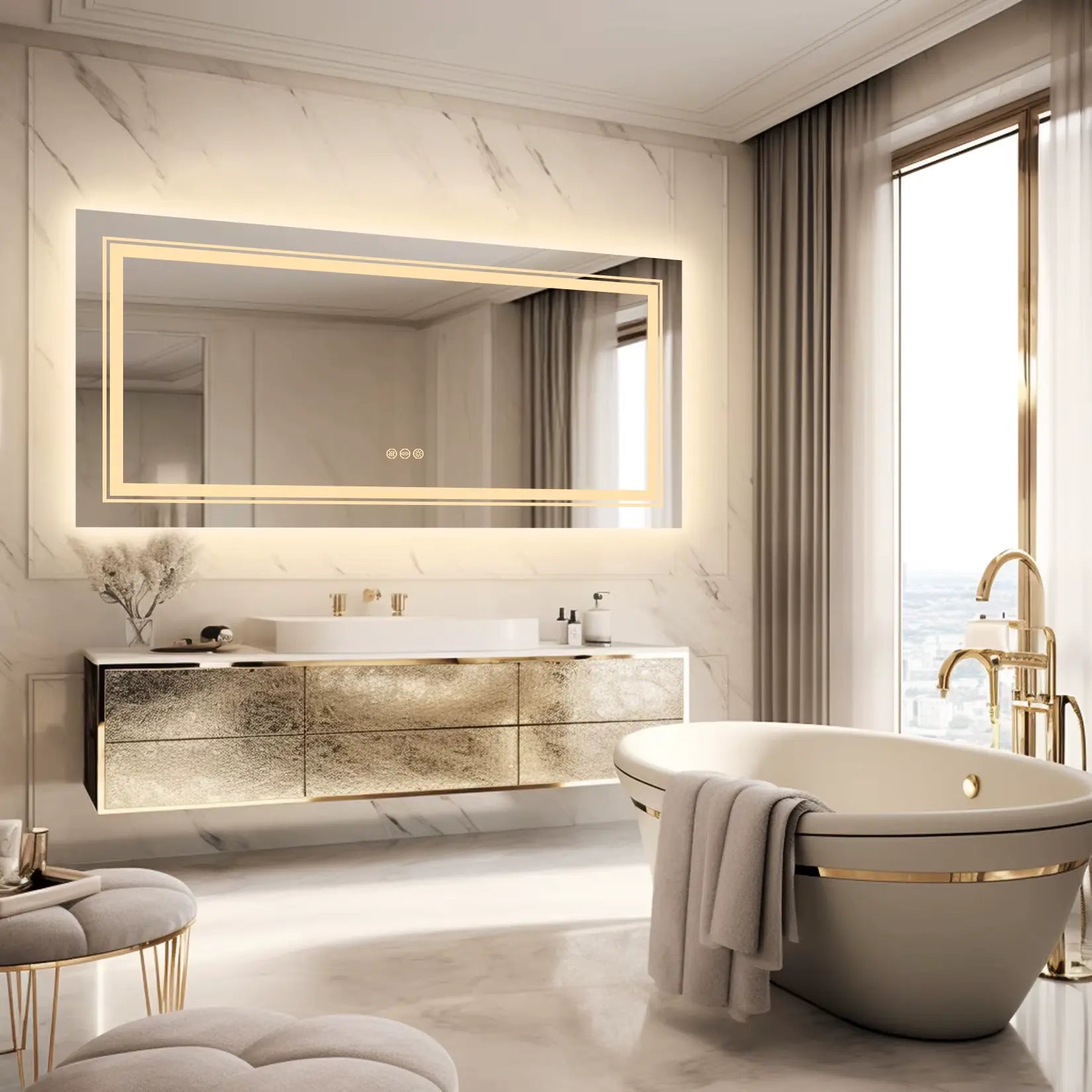 Miroir 120x60 avec rétroéclairage au-dessus meuble doré dans salle de bain marbre blanc.