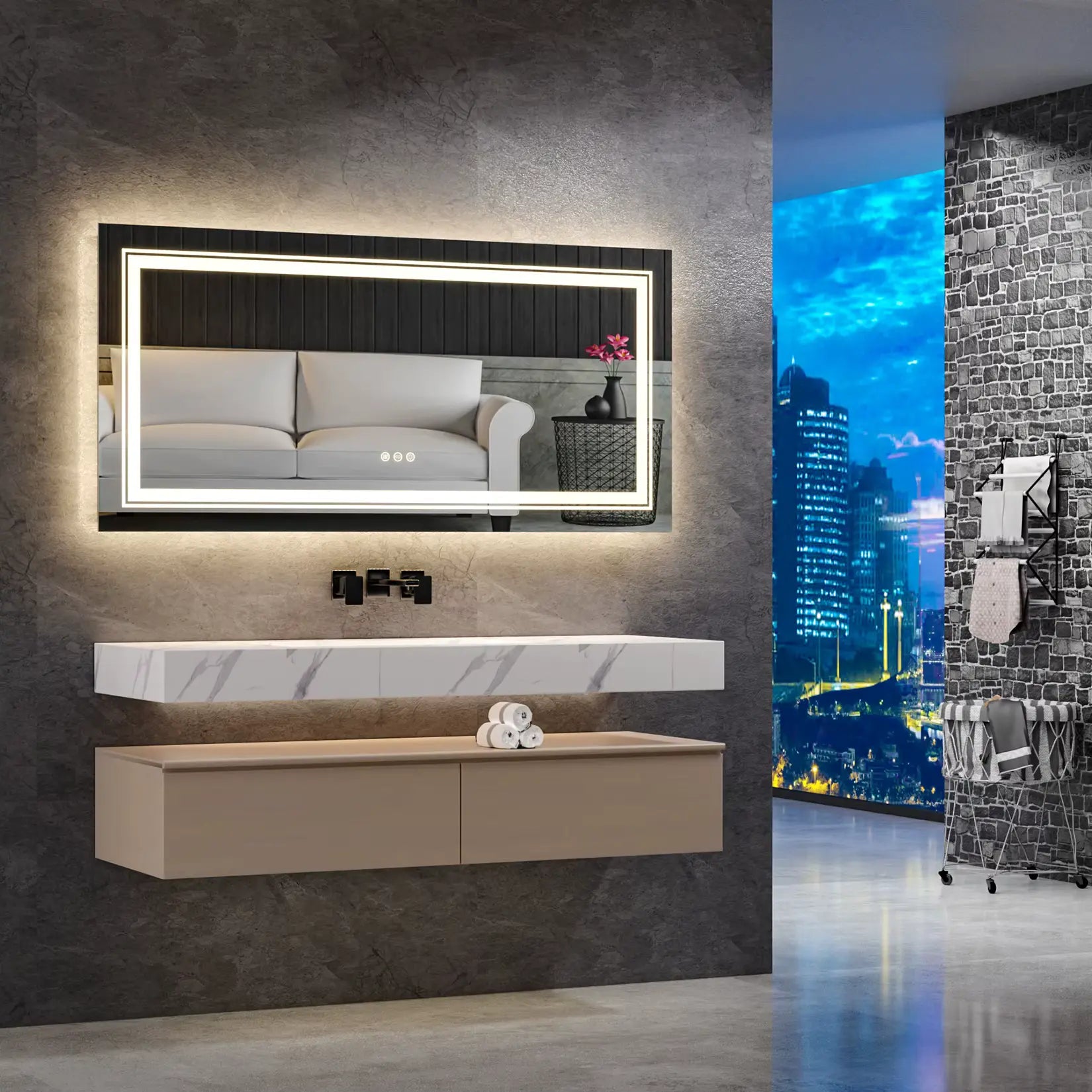 Miroir 120x60 avec rétroéclairage créant une ambiance moderne dans salon urbain.