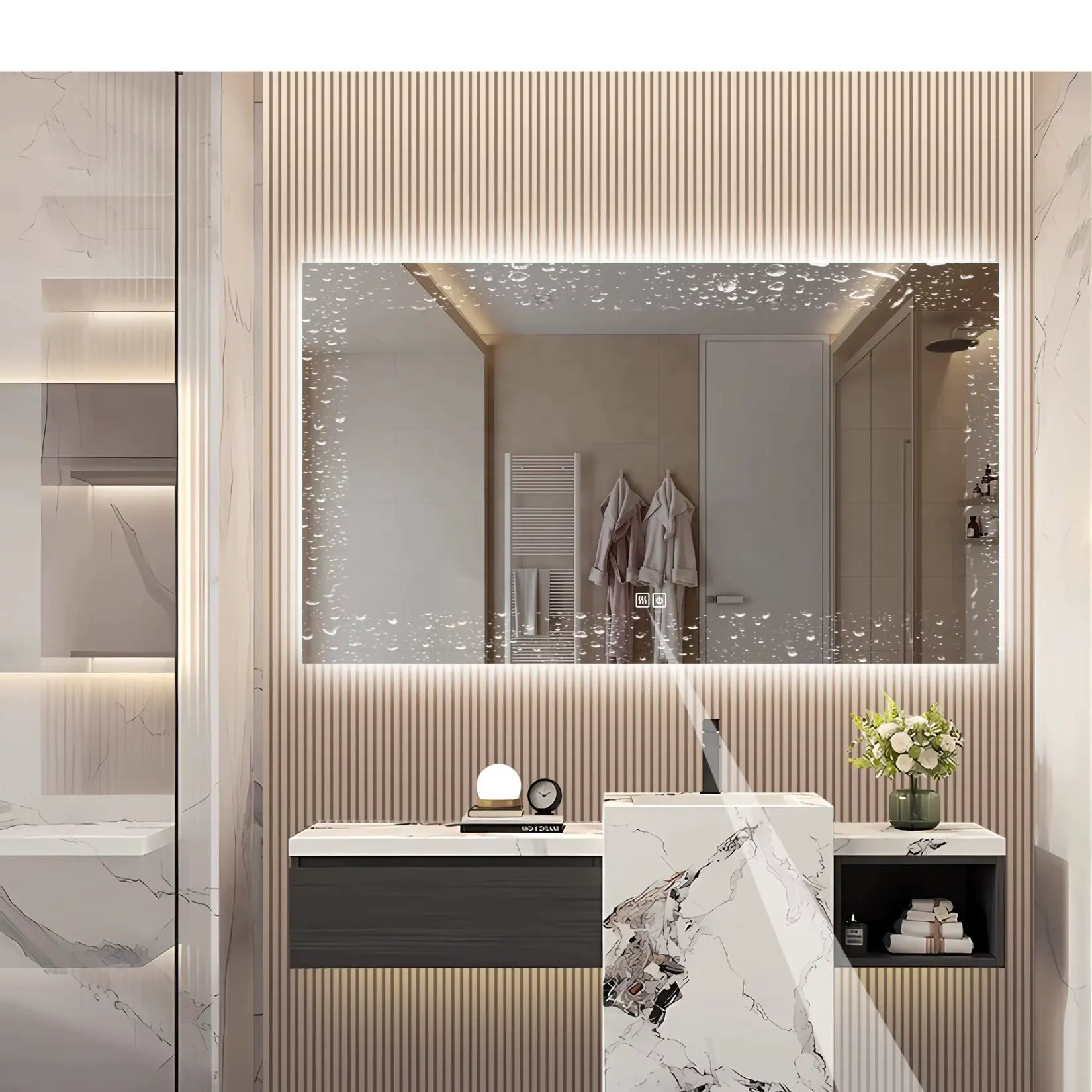 Miroir LED 140x80 avec effet anti-buée actif illustré après une douche chaude dans une salle de bain contemporaine.