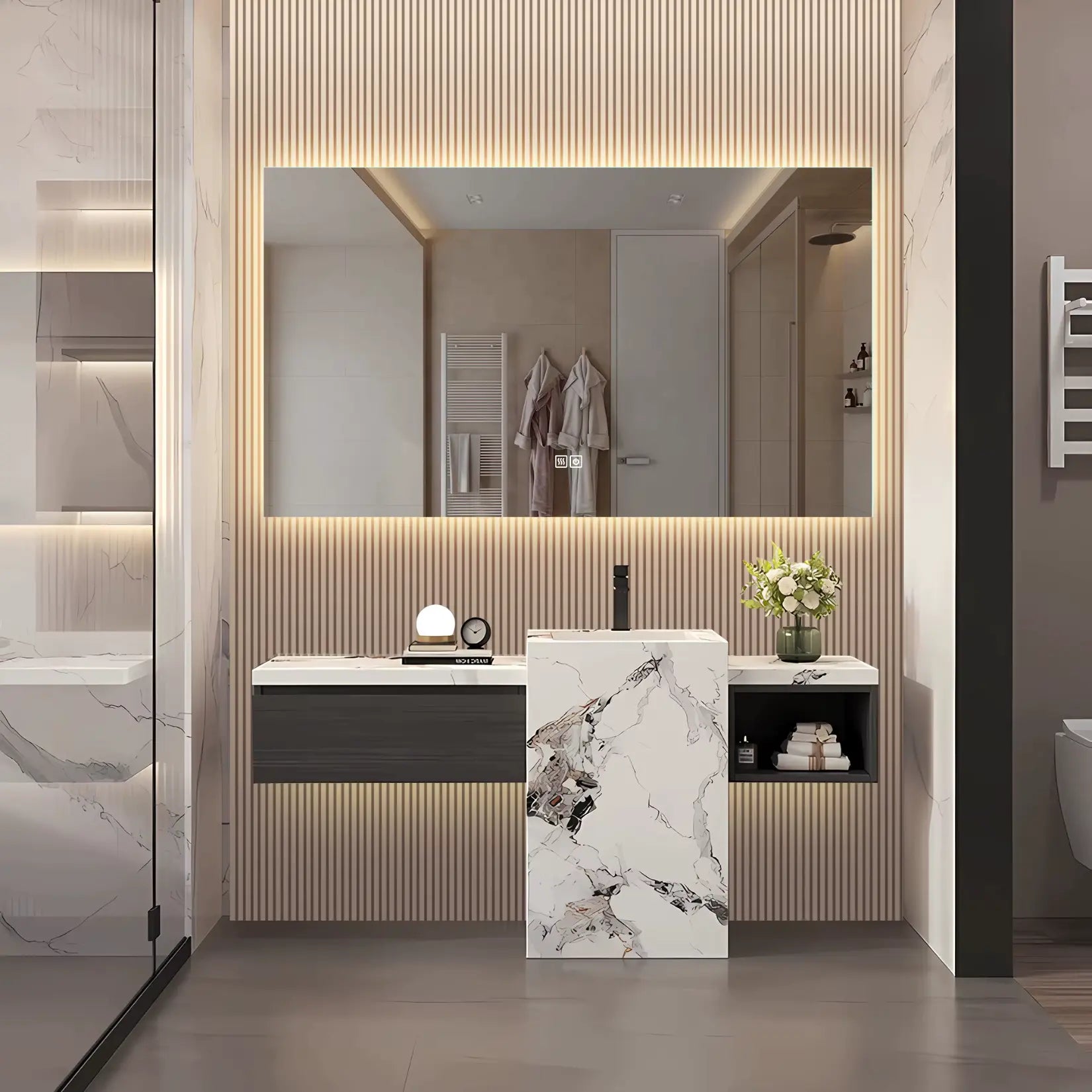 Miroir 140x80 cm avec éclairage LED périphérique intégré pour une ambiance élégante et fonctionnelle.