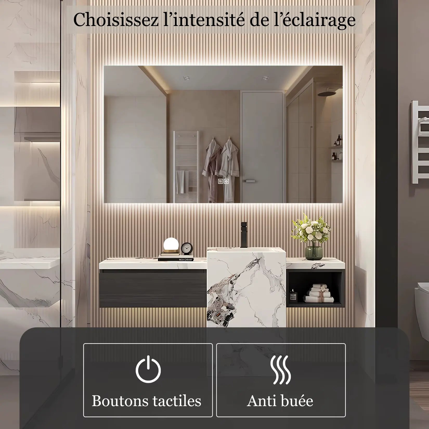 Miroir 140x80 LED avec bouton tactile et fonction anti-buée intégrée, parfait pour un usage quotidien dans une salle de bain design.