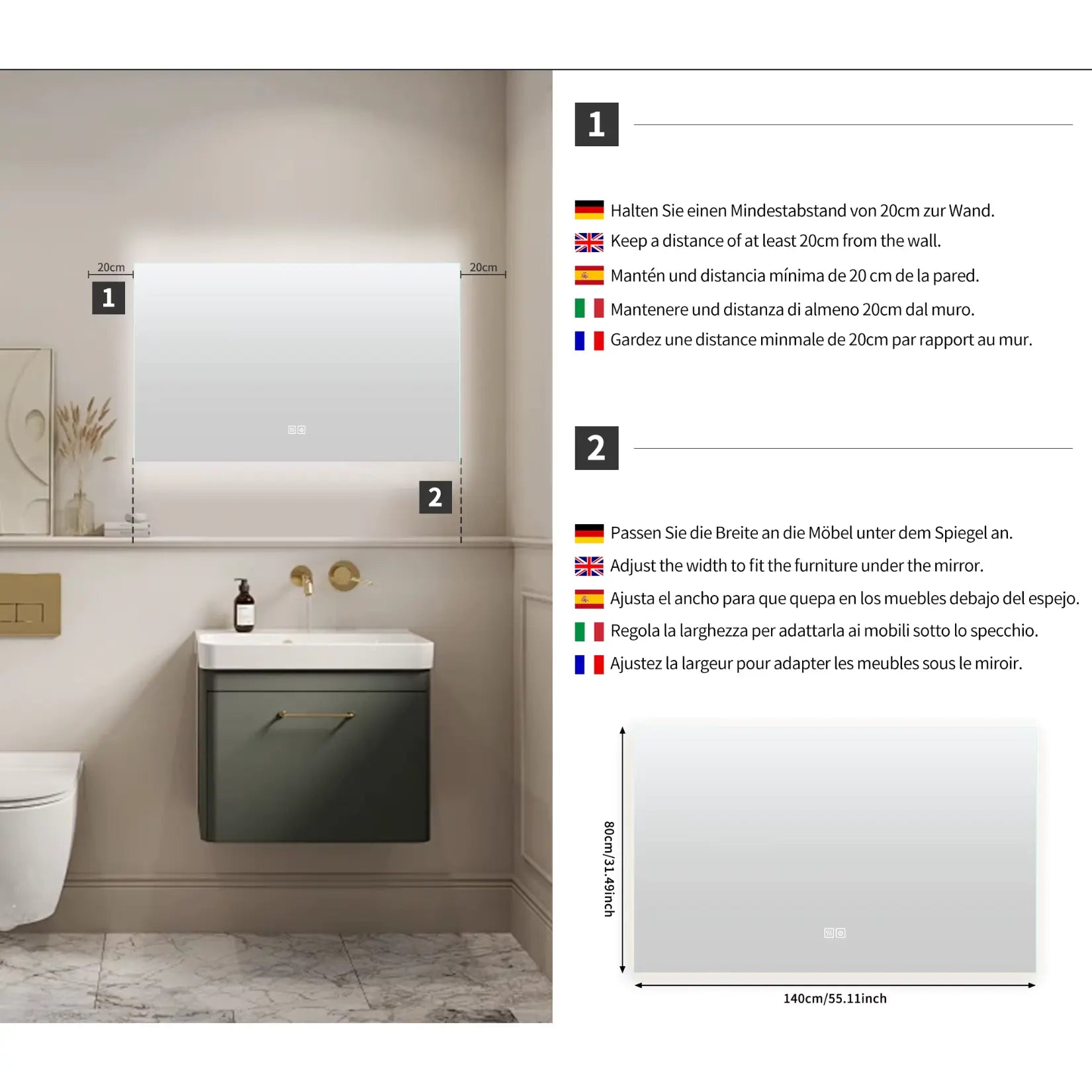 Instructions d’installation du miroir 140x80 avec distance minimale de 20 cm au mur, pour sécurité et stabilité optimale.