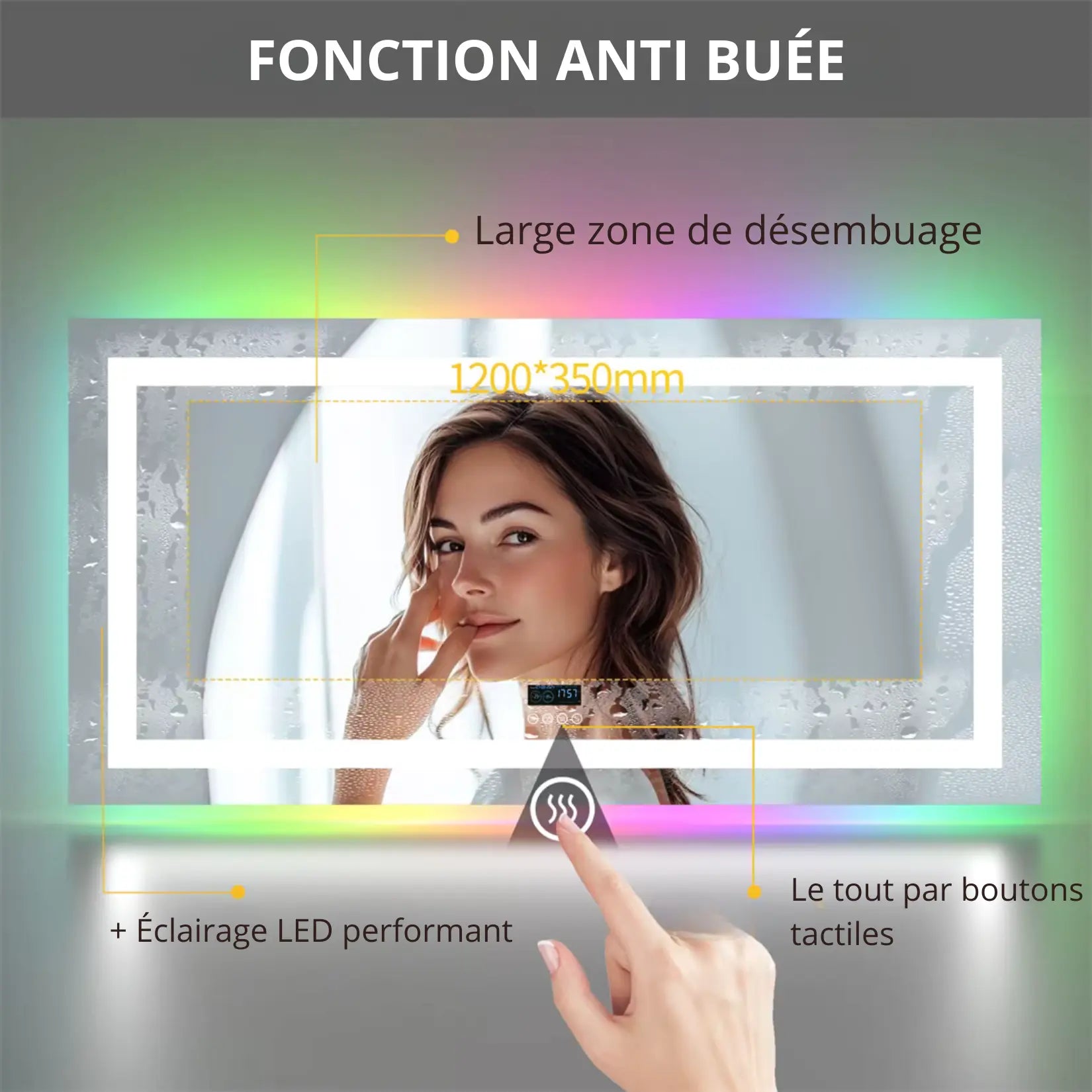 Zone de désembuage active sur miroir LED 160x80 après une douche chaude.