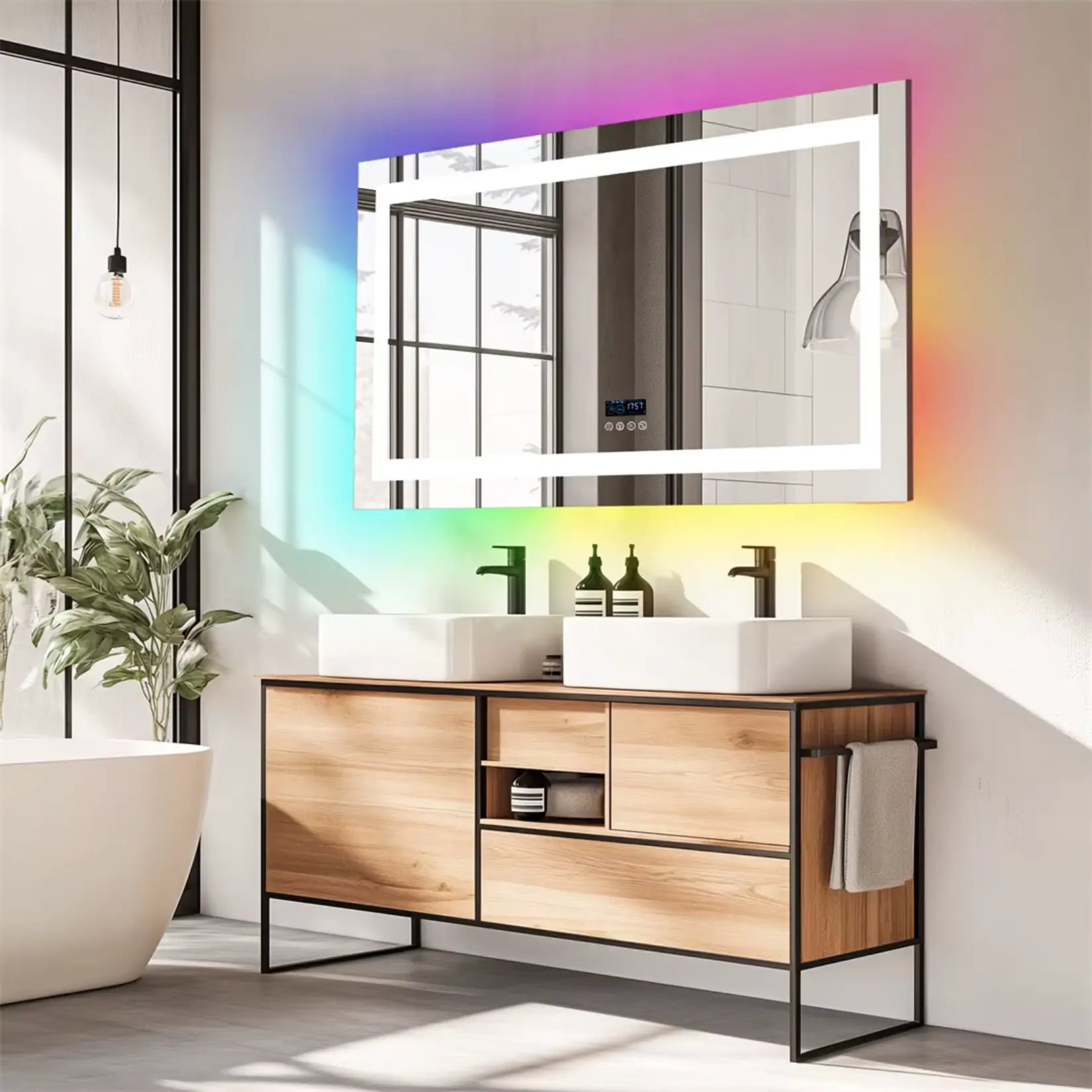 Miroir 160x80 avec LED RGB au-dessus d'une double vasque en bois clair.