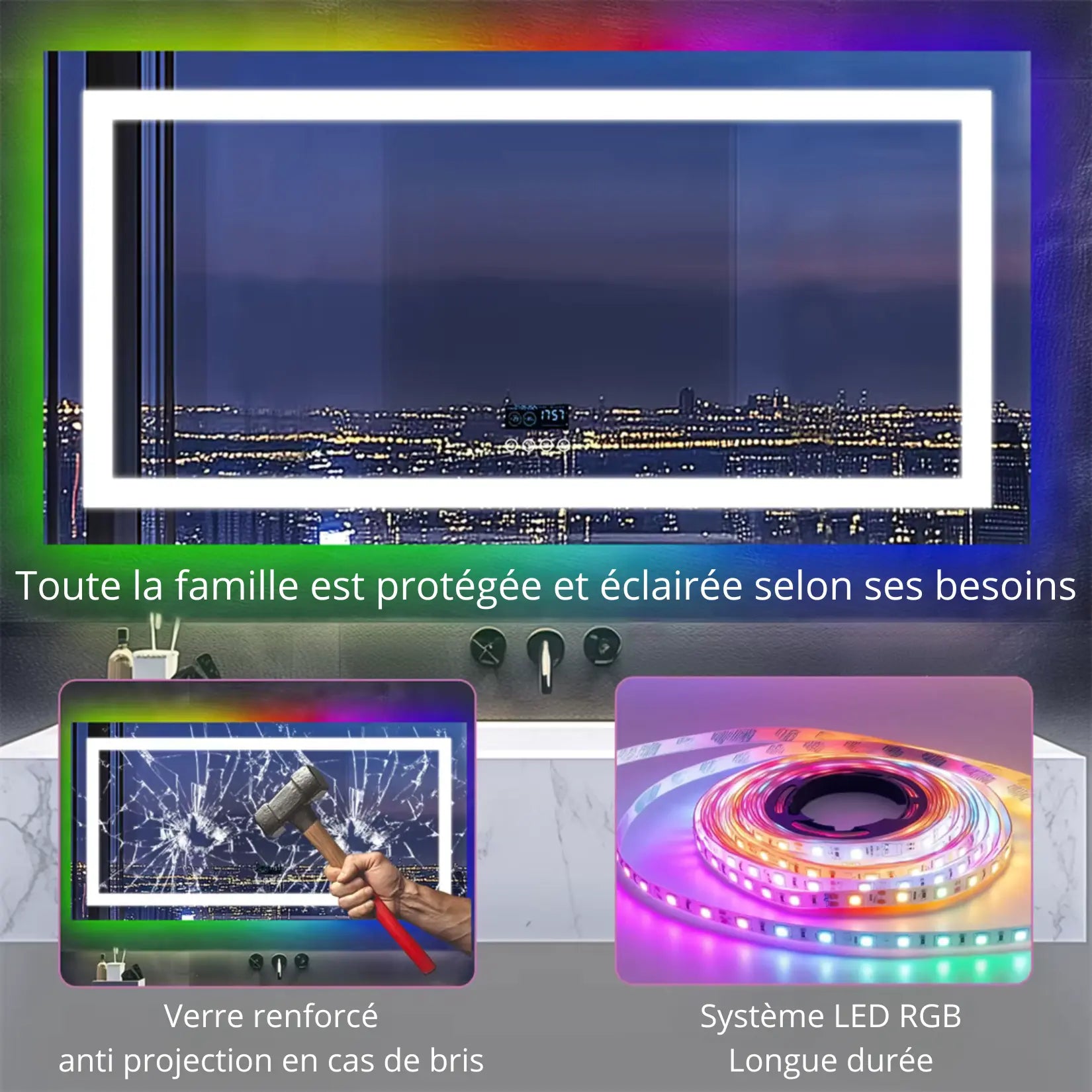 Miroir LED RGB 160x80 avec verre renforcé anti-bris et lumière durable.