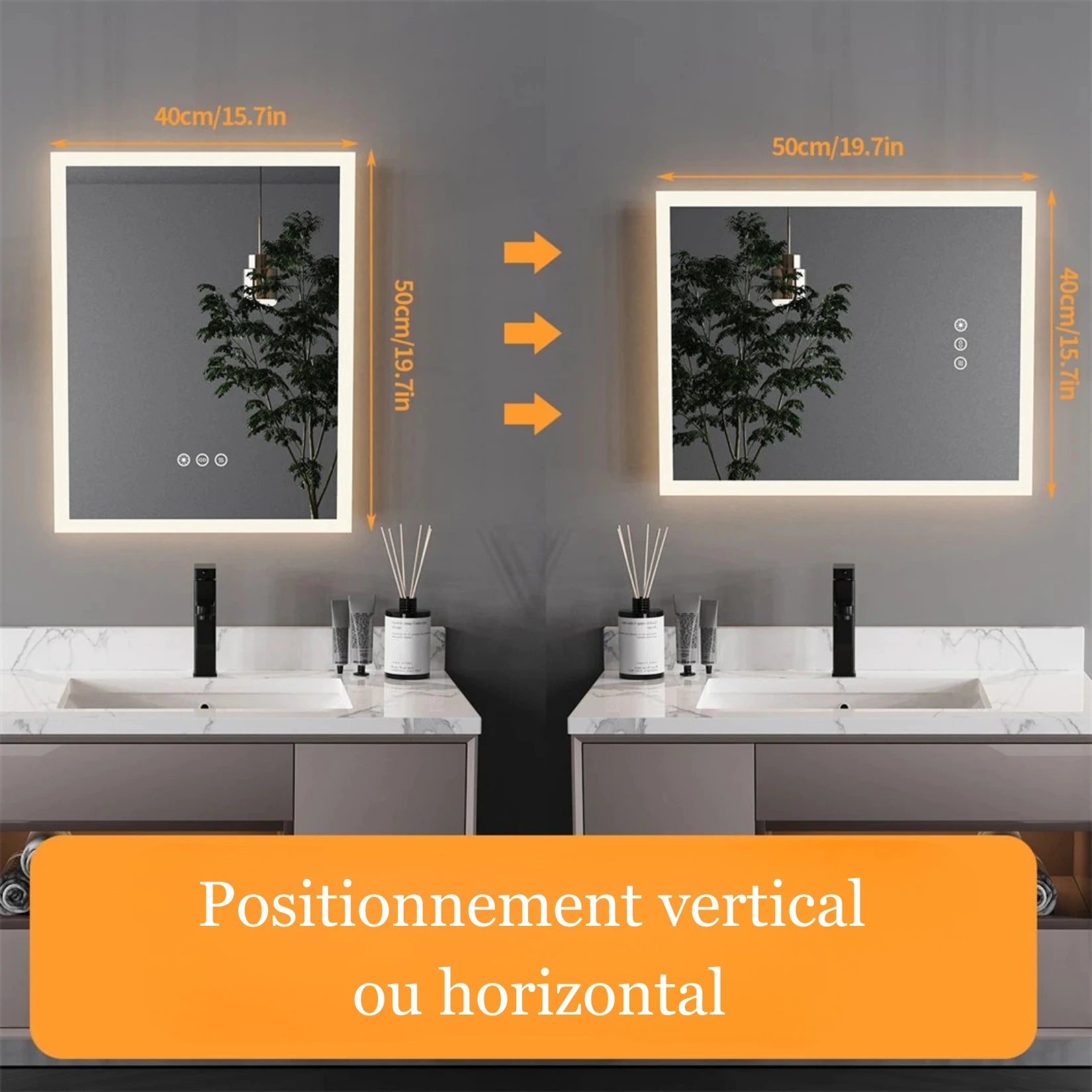 Miroir 50 cm installé en vertical ou horizontal selon la préférence.