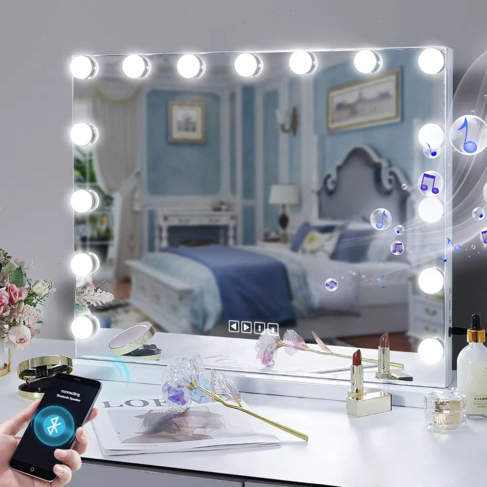 Miroir à maquillage lumineux avec éclairage LED et connexion Bluetooth pour une ambiance musicale.