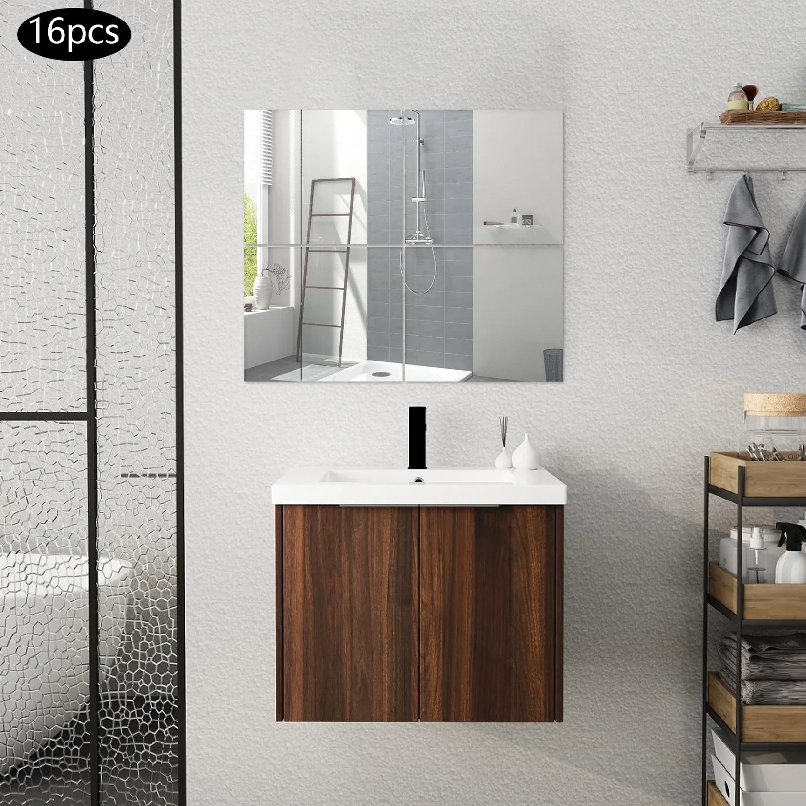 Miroir acrylique salle de bain vasque bois.