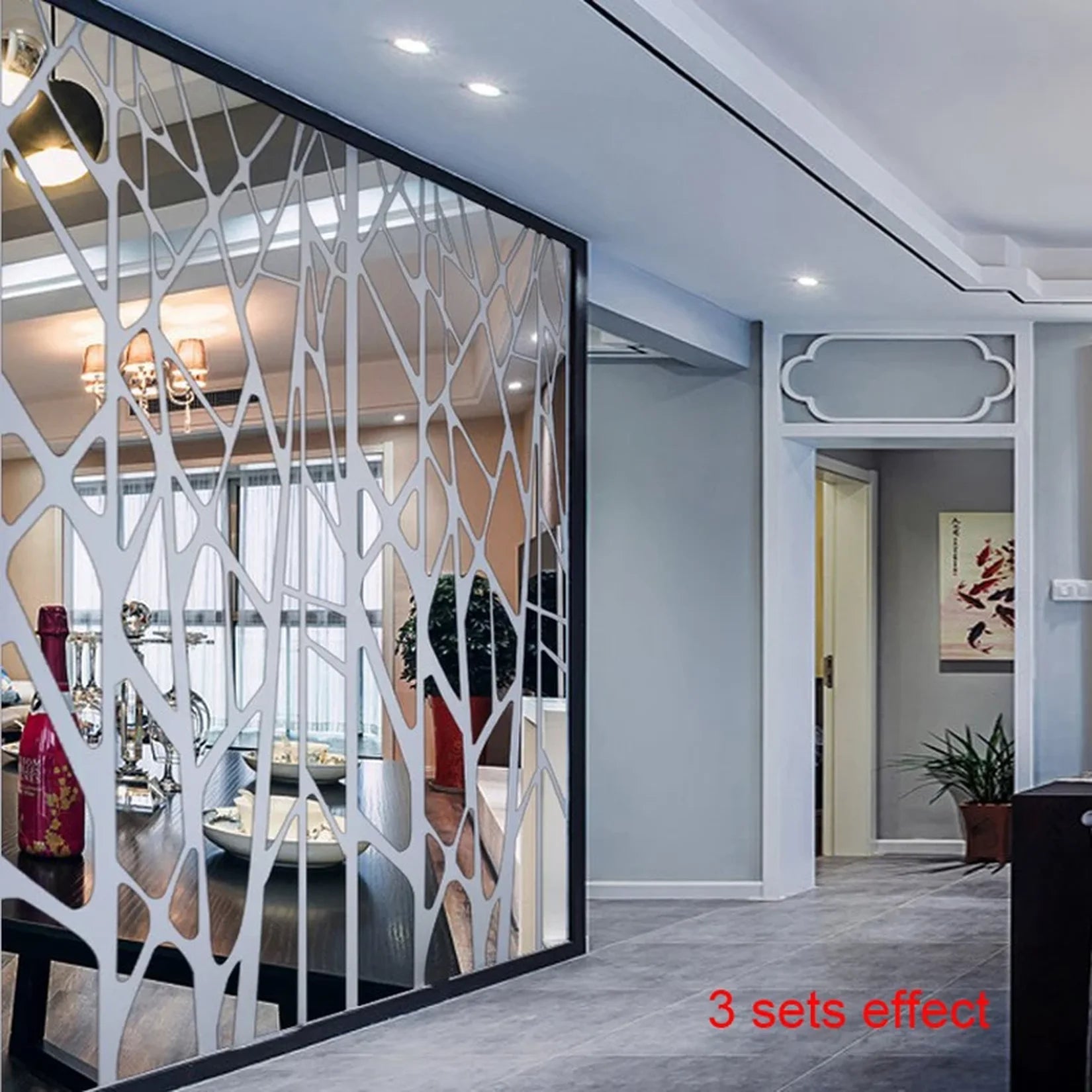 Miroir adhésif motif branches cloison séparation pièce.