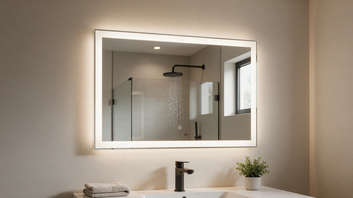 Miroir LED anti-buée parfaitement net pendant la douche, film chauffant activé.