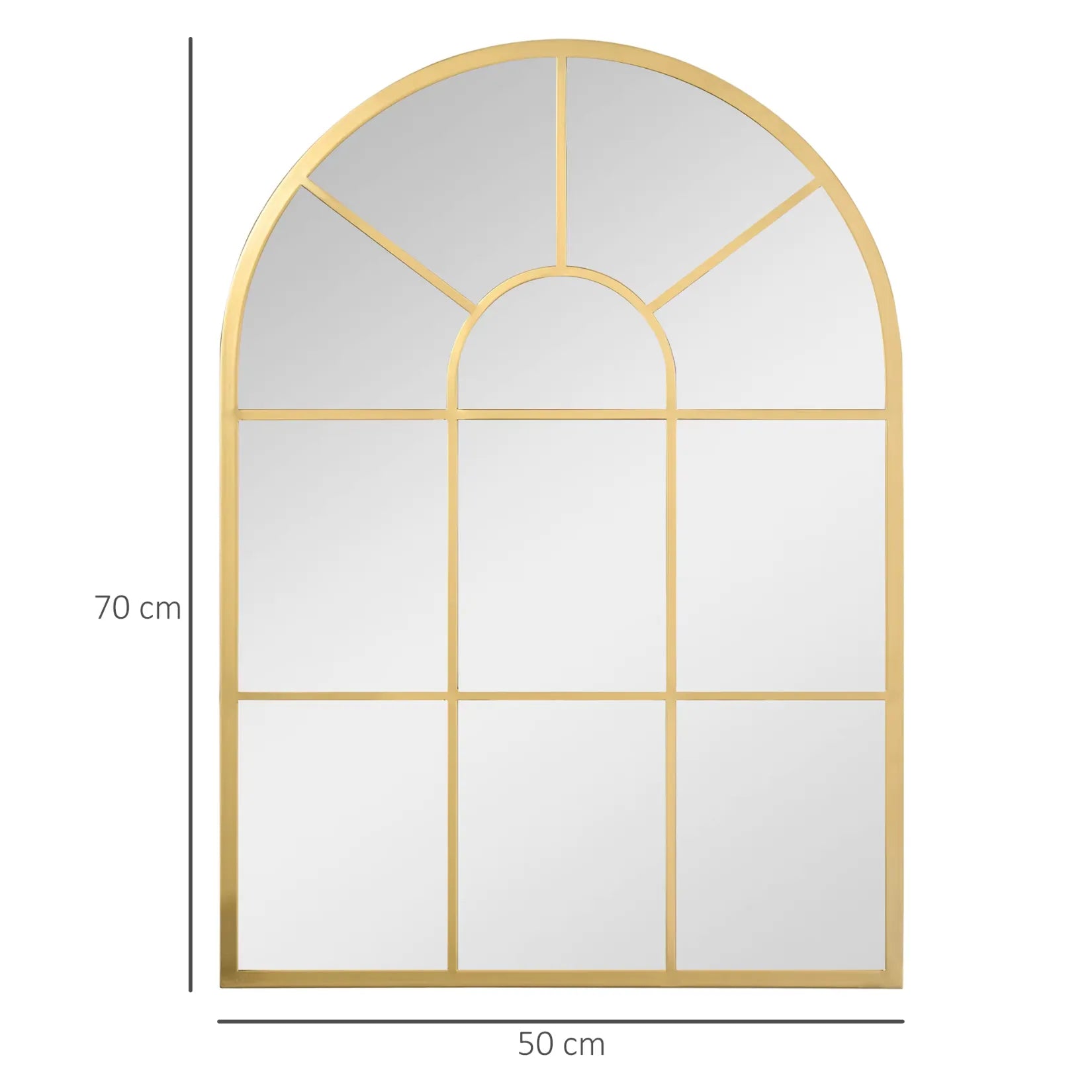 Miroir Arche Doré 50x70 cm avec indication des dimensions précises.