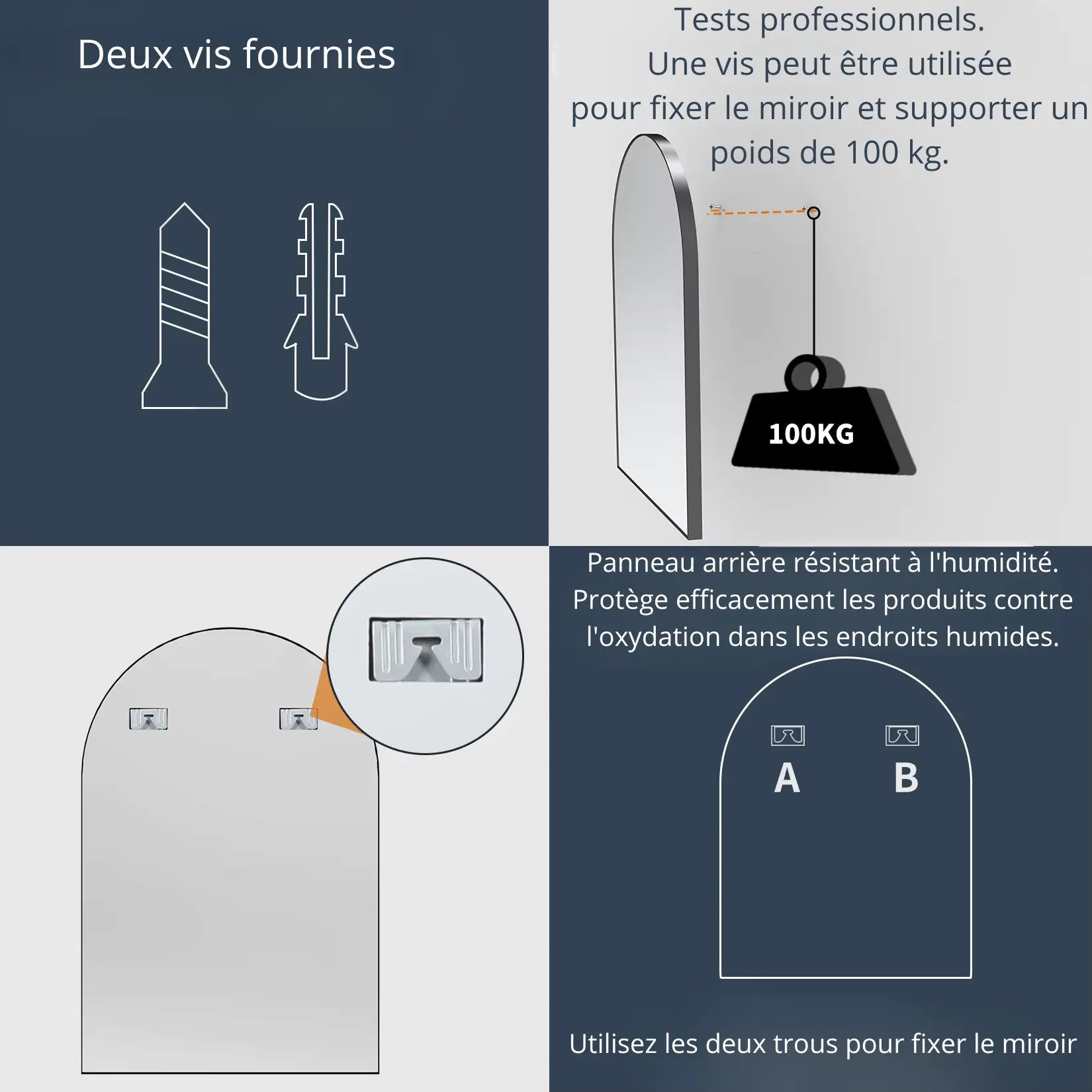 Miroir Arche mural avec fixations solides pouvant supporter jusqu’à 100 kg.