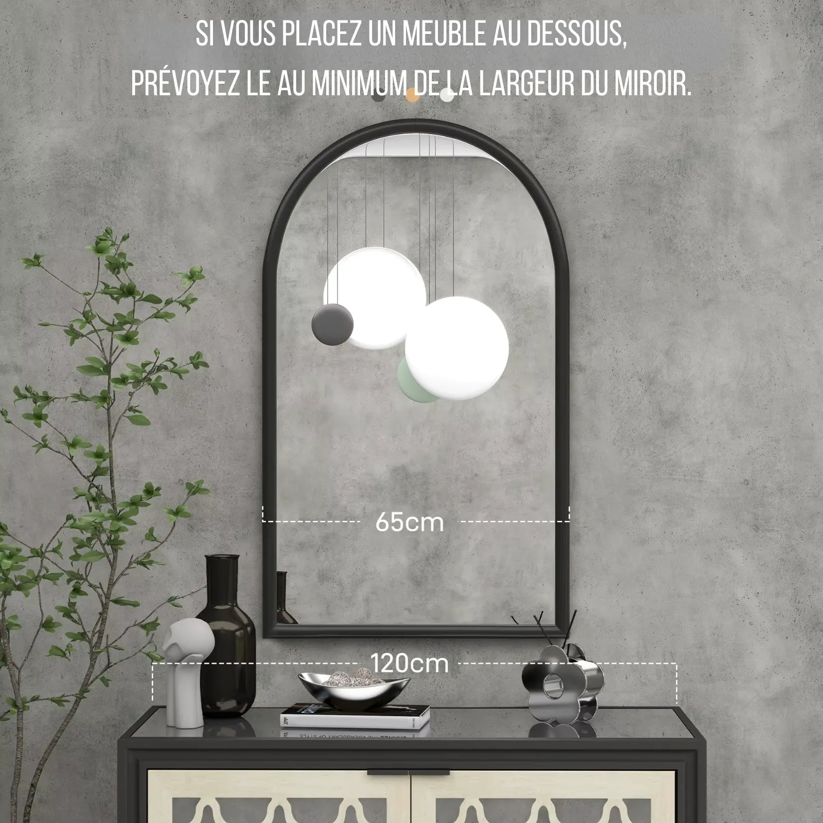 Miroir arche noir au-dessus d’un meuble avec dimensions indiquées.