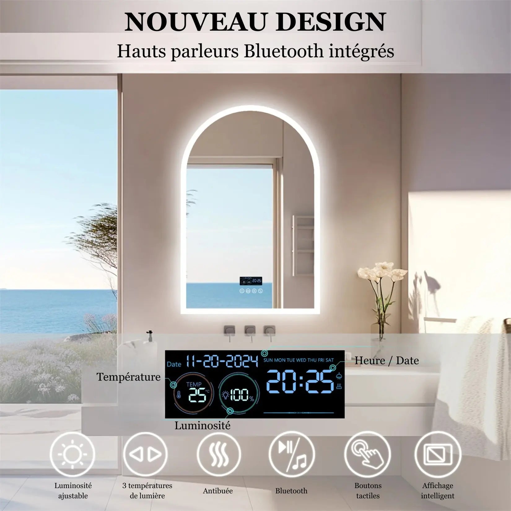 Miroir arche salle de bain avec affichage intelligent de la température, heure et date.