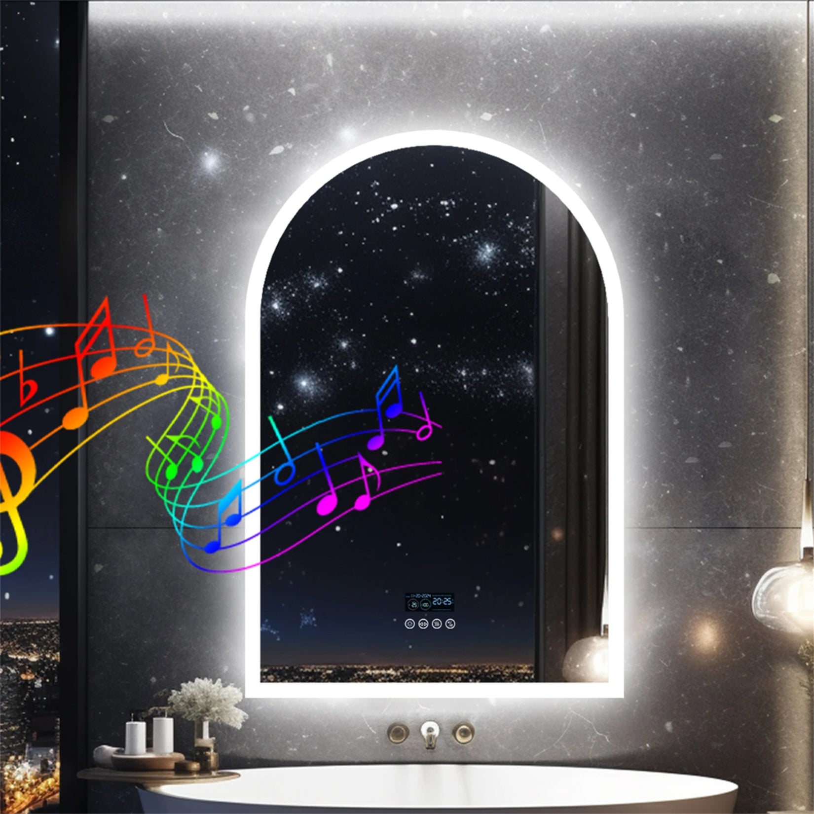 Miroir arche salle de bain lumineux avec Bluetooth et éclairage LED intégré.