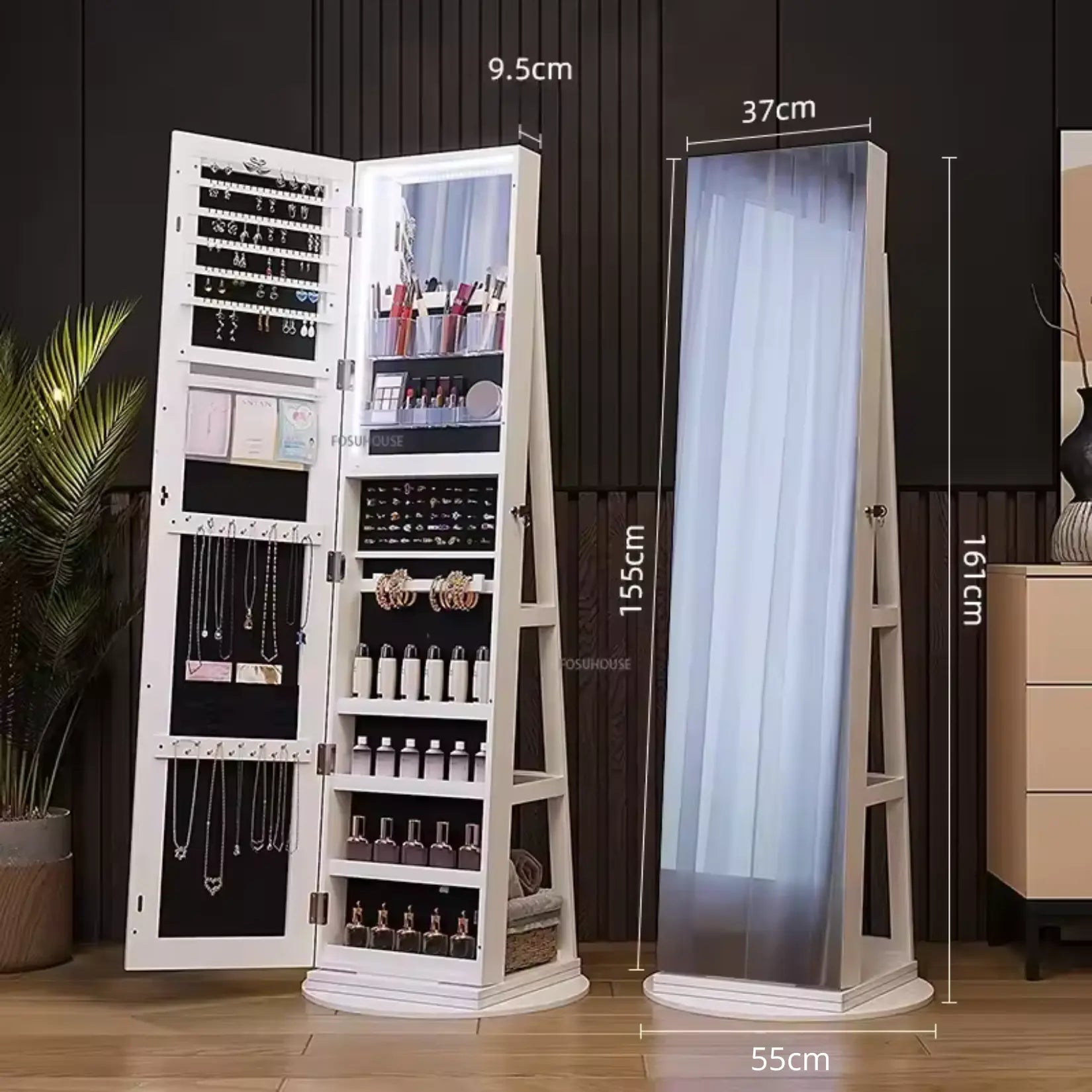 Miroir Armoire à Bijoux blanc avec mesures et base rotative.