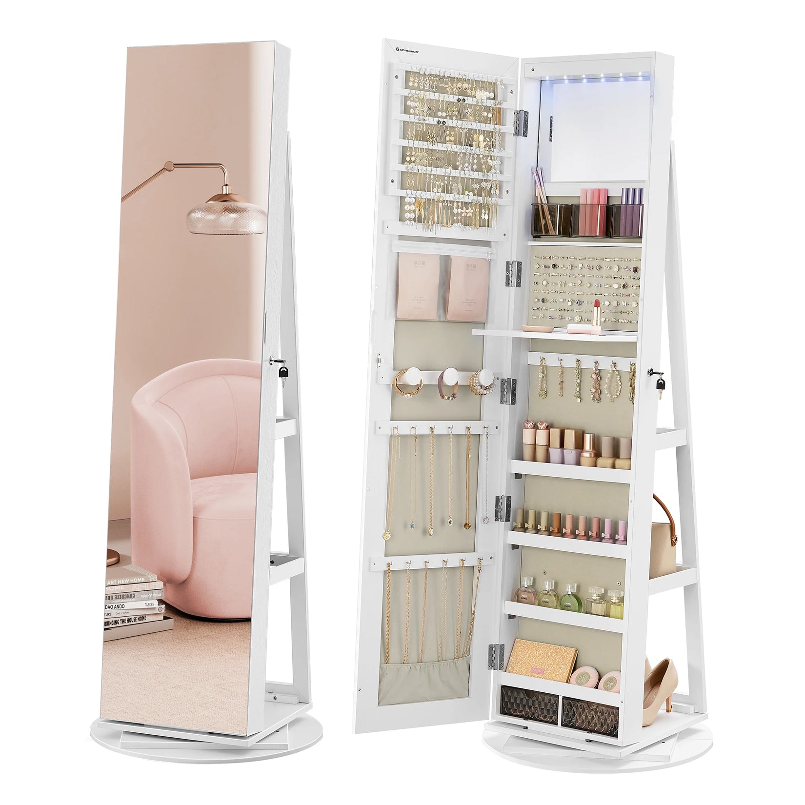 Miroir Armoire à Bijoux remplie de bijoux et maquillage.