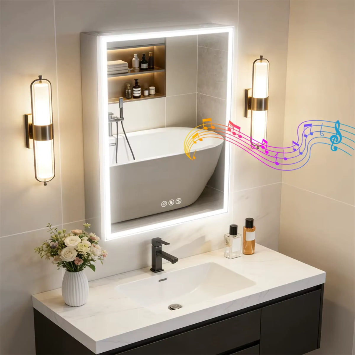 Miroir armoire de toilette LED et Bluetooth diffusant de la musique au-dessus de la vasque.