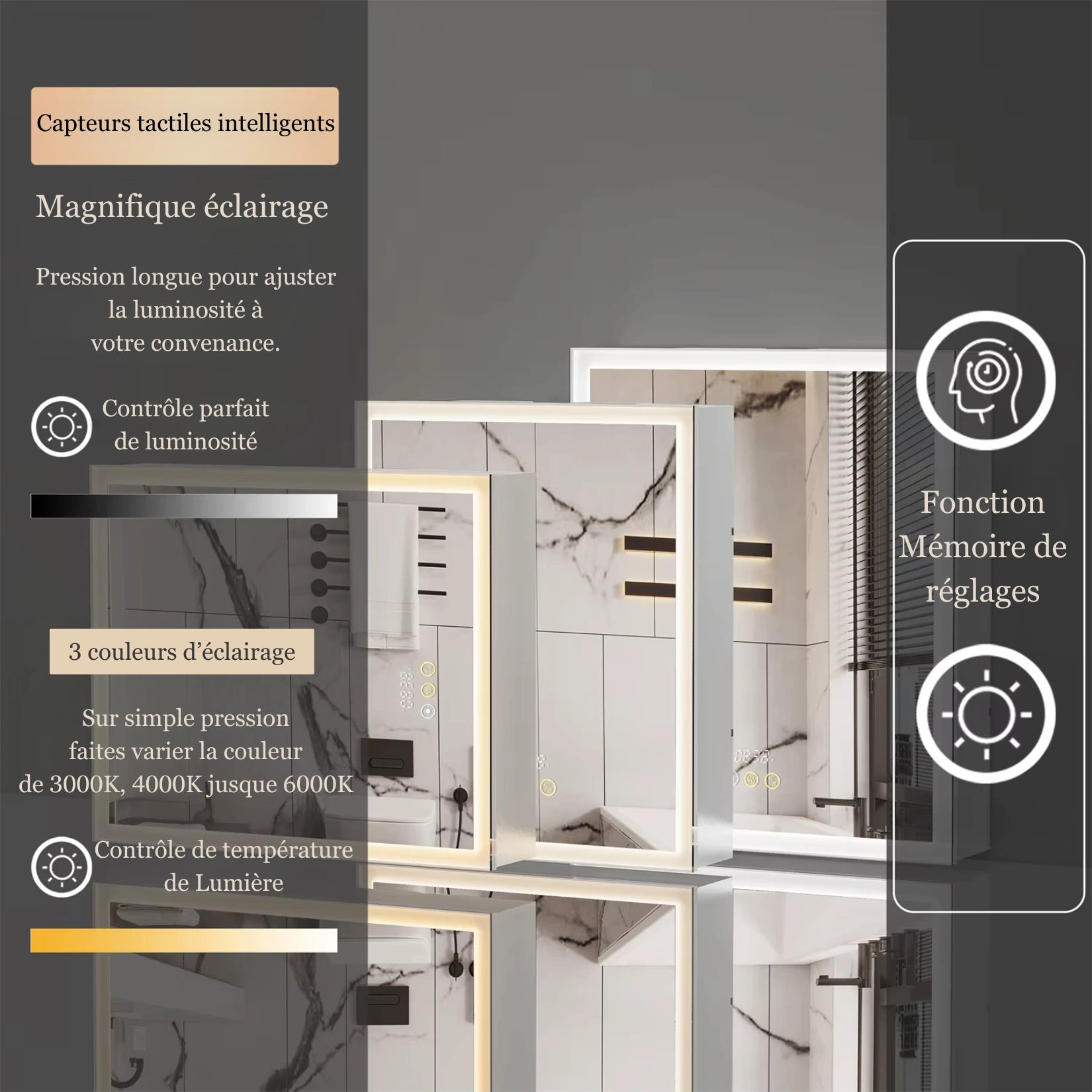 Miroir armoire de toilette avec réglage d’éclairage et fonction mémoire.