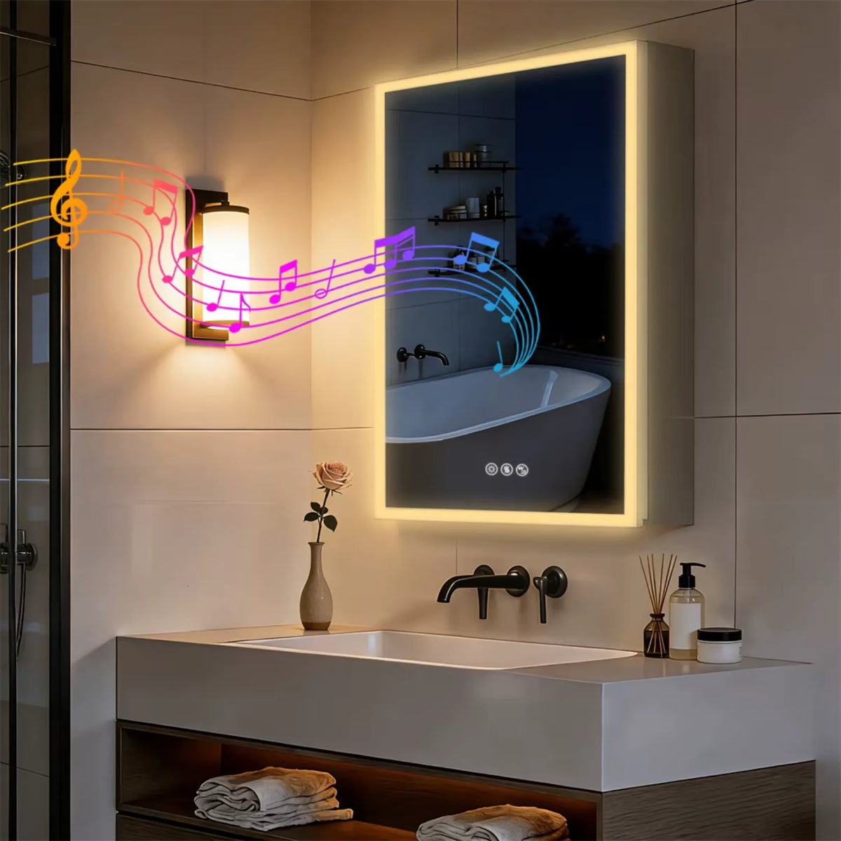 Miroir armoire de toilette en lumière chaude le soir, musique diffusée en Bluetooth.