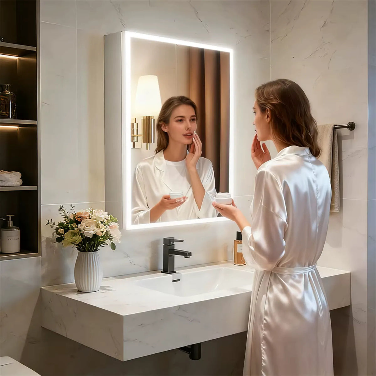 Miroir armoire de toilette lumineuse pendant une routine de soin du visage.