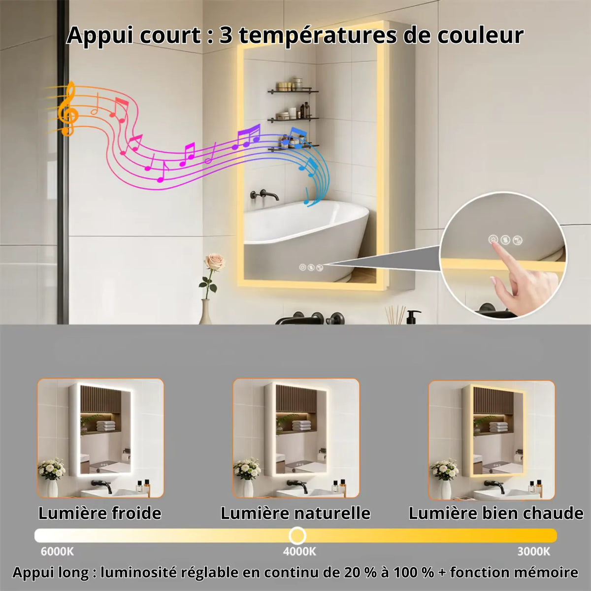 Miroir armoire de toilette : trois températures de couleur LED, de 3000 à 6000 K au tactile.