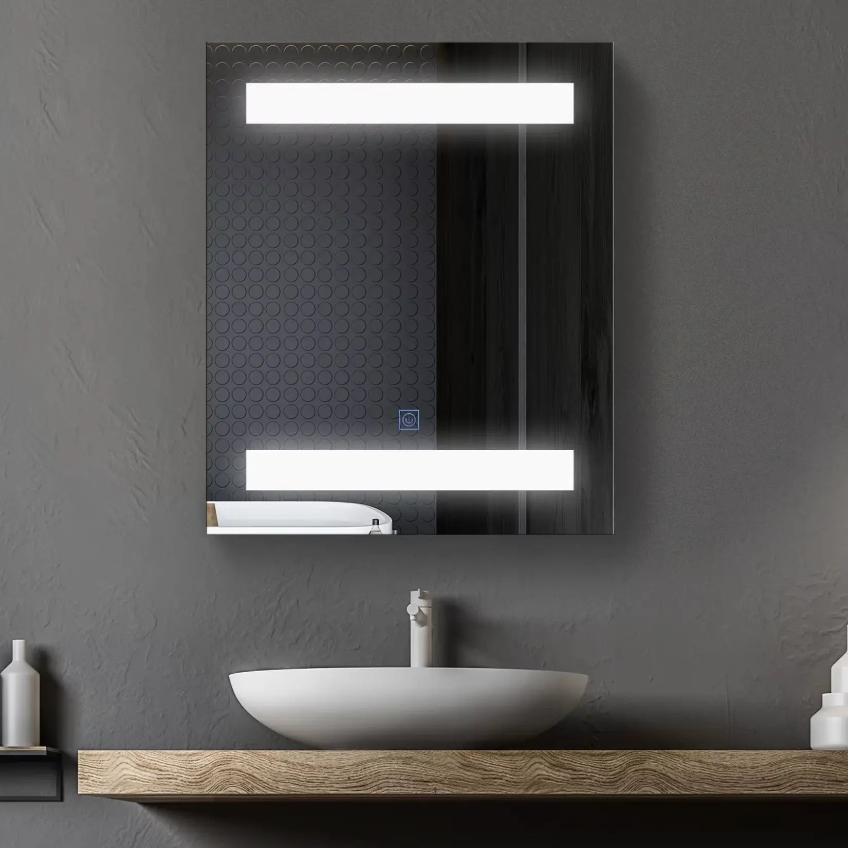 Miroir armoire salle de bain lumineux vu de face avec éclairage LED activé.