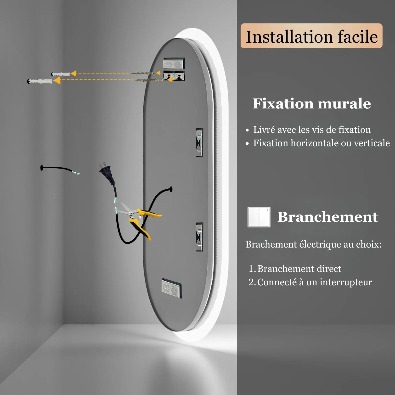 Dos du miroir arrondi, fixation murale horizontale ou verticale avec vis fournies et branchement sur prise ou interrupteur.
