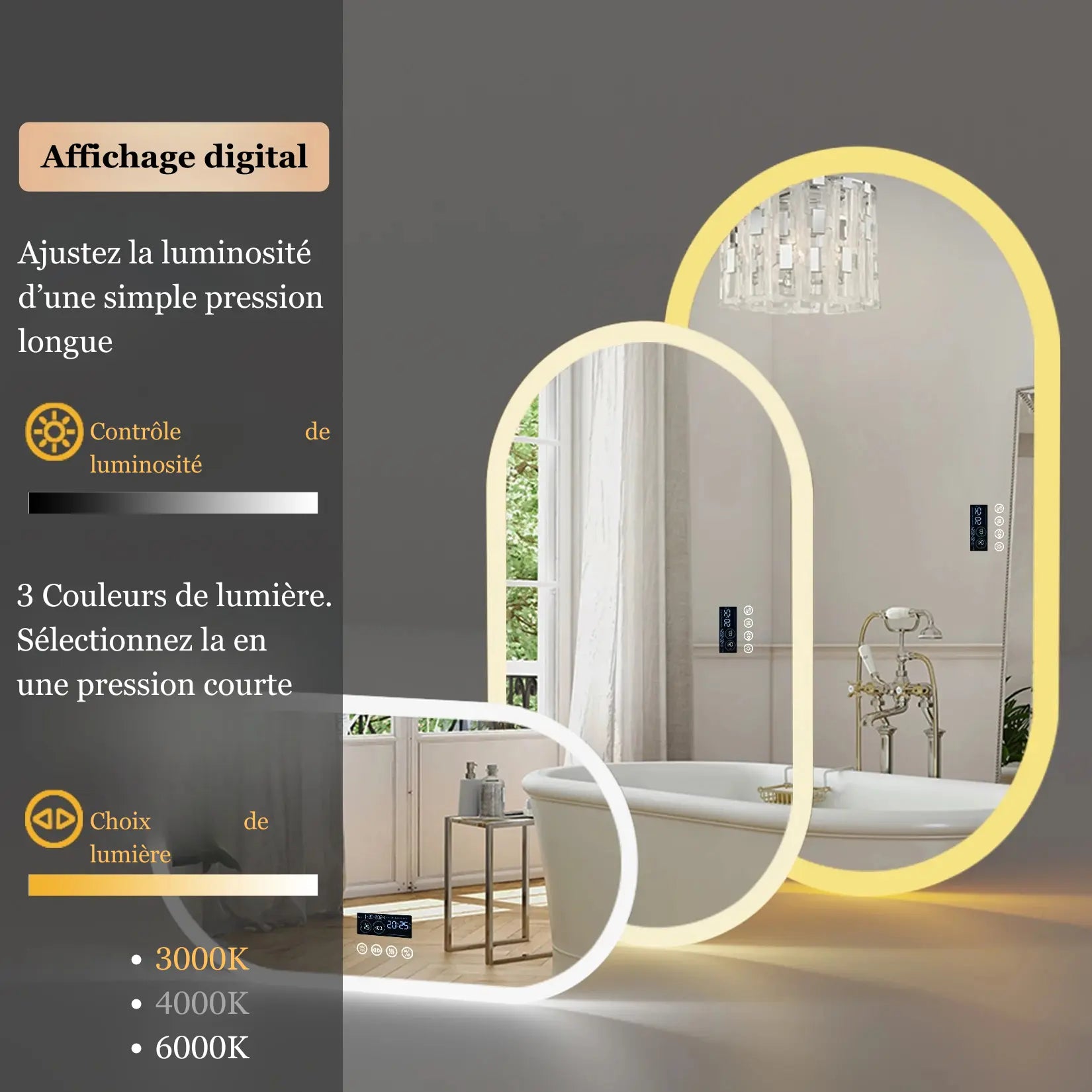 Miroir arrondi LED avec luminosité réglable et 3 couleurs de lumière (3000K, 4000K, 6000K), contrôle tactile.